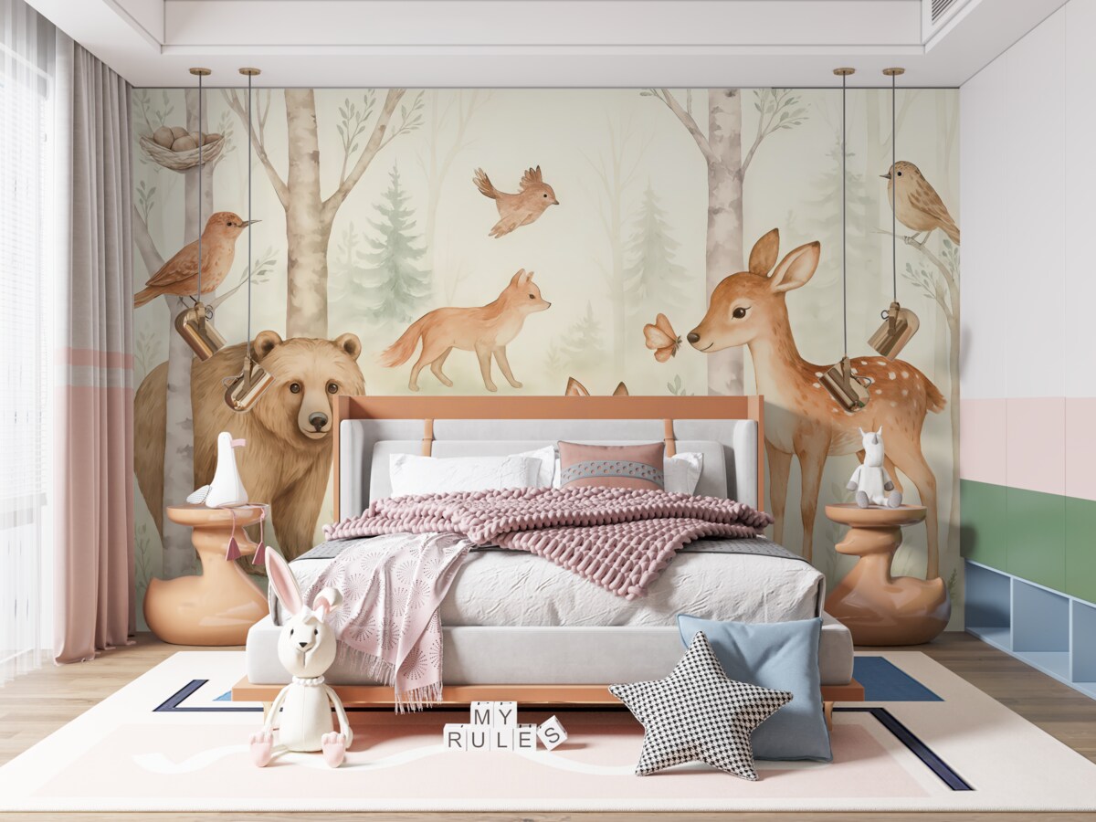 Fototapeta Tapeta do pokoju dla dzieci, leśne zwierzęta. Subtelna tapeta w stylu akwareli w miłych ciepłych pastelowych odcieniach na jasnym tle.