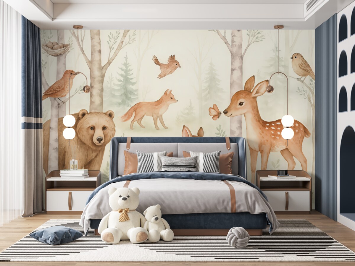 Fototapeta Tapeta do pokoju dla dzieci, leśne zwierzęta. Subtelna tapeta w stylu akwareli w miłych ciepłych pastelowych odcieniach na jasnym tle.