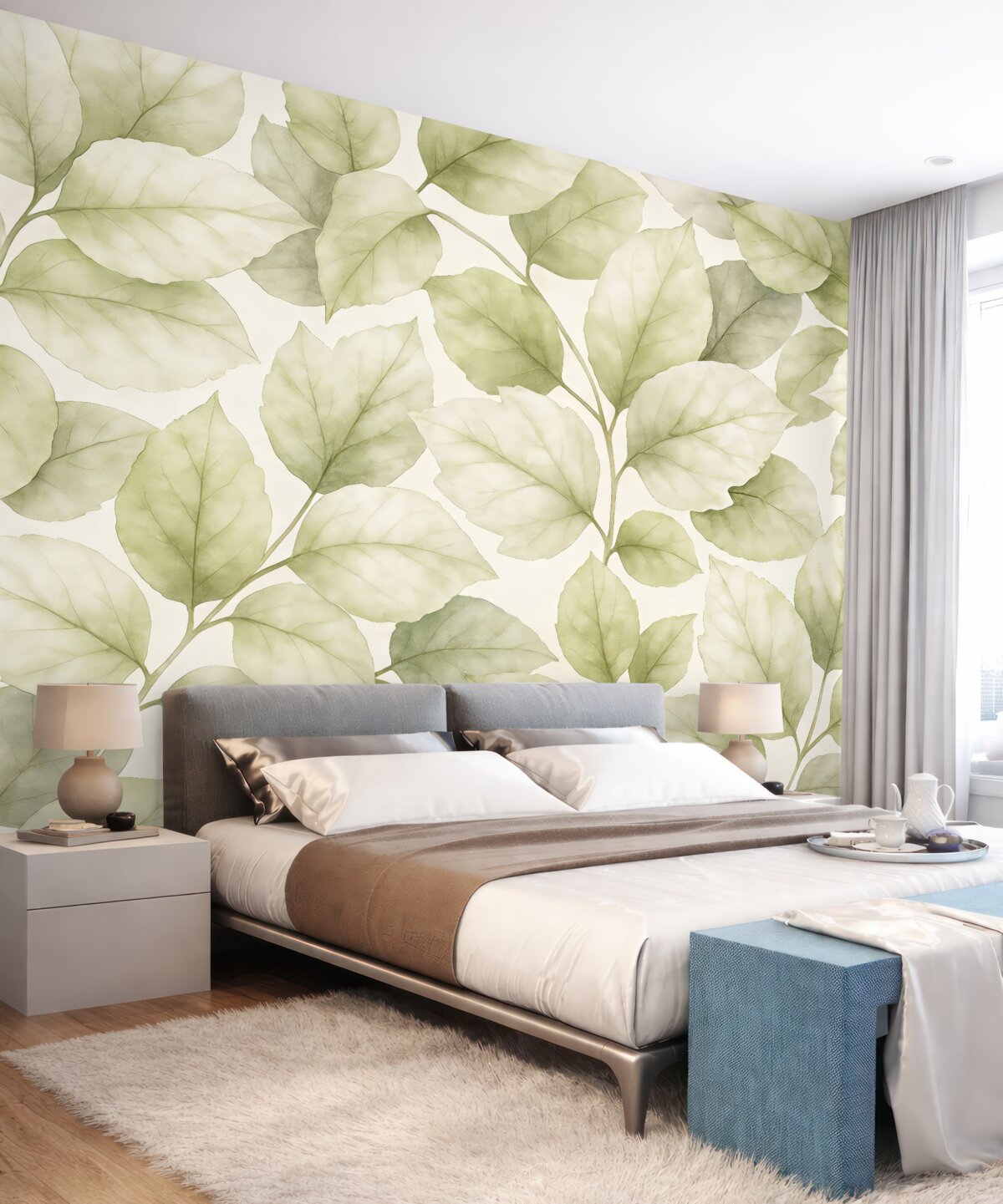 Fototapeta Tapeta o fakturze z dużymi liśćmi w pastelowych tonach beżu.