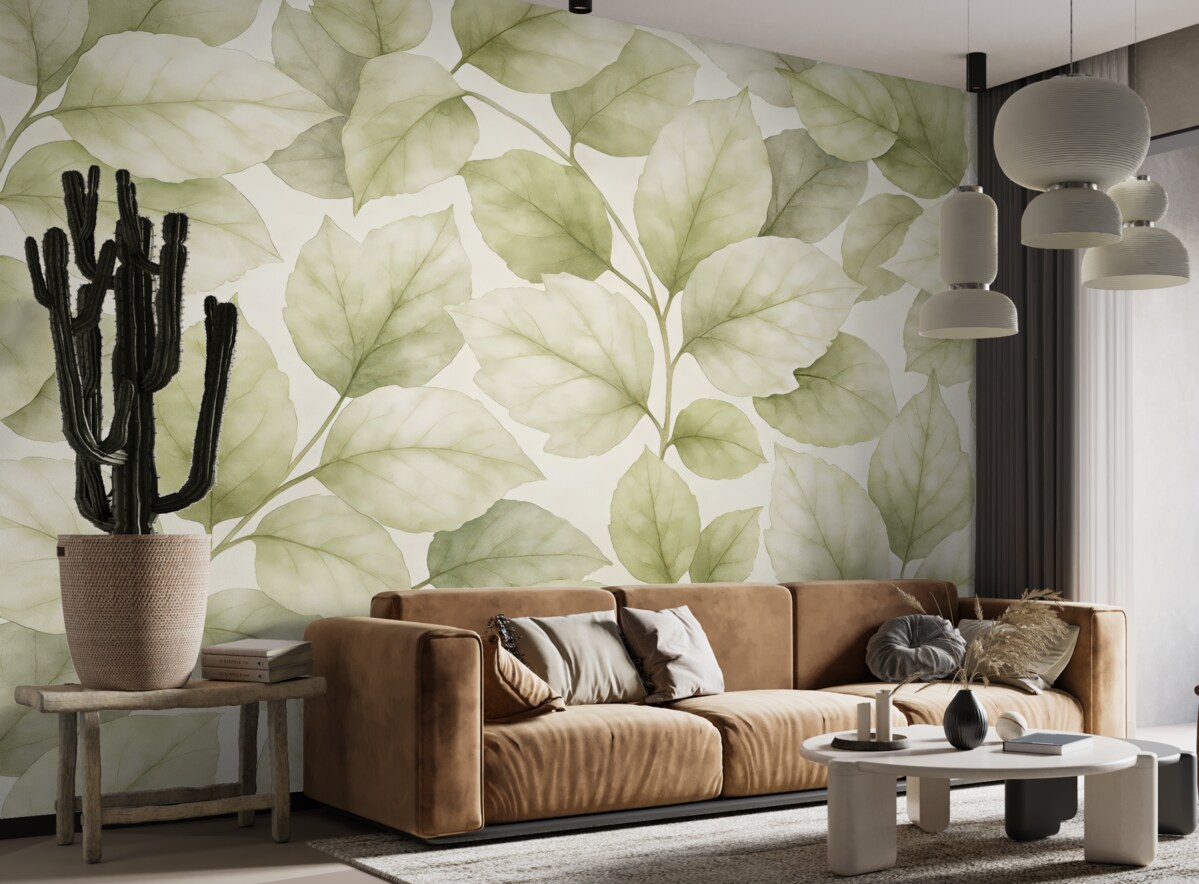 Fototapeta Tapeta o fakturze z dużymi liśćmi w pastelowych tonach beżu.