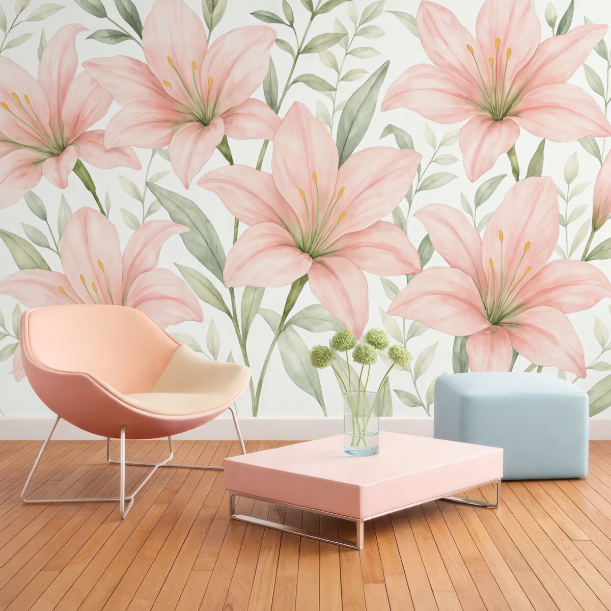 Fototapeta Wielkie jasnoróżowe lilie oraz liście w akwarelowym stylu na białym tle.