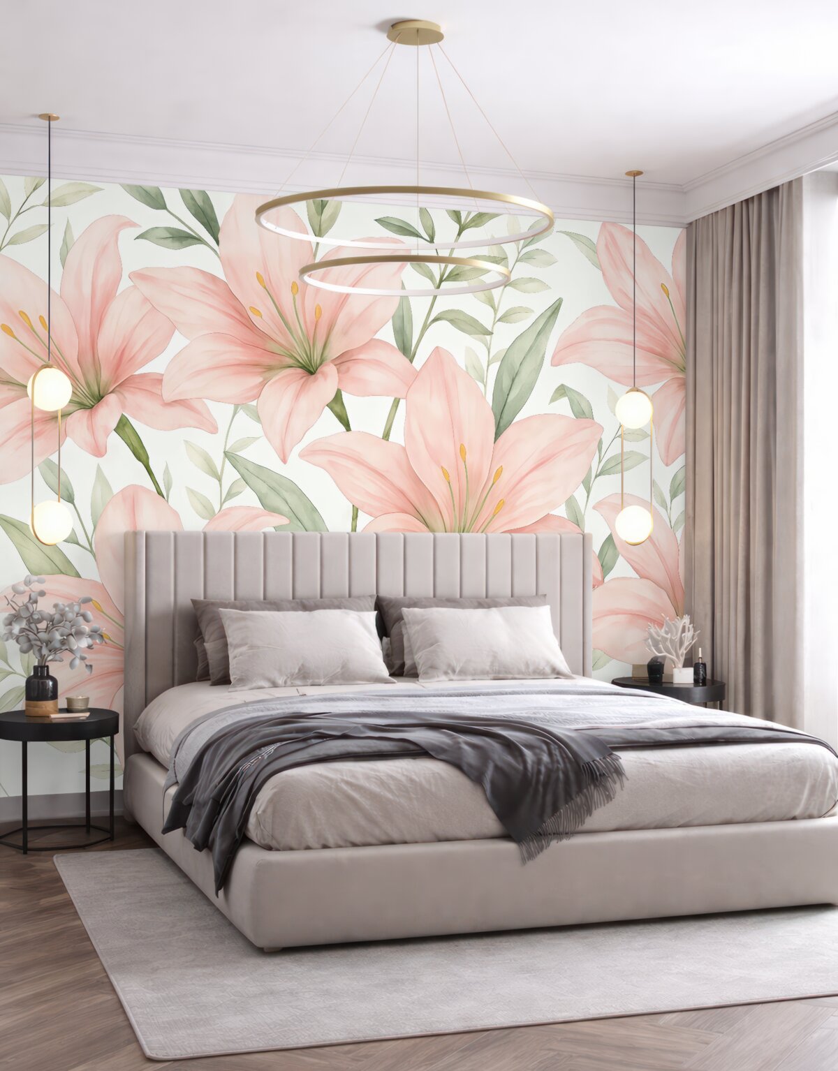 Fototapeta Wielkie jasnoróżowe lilie oraz liście w akwarelowym stylu na białym tle.