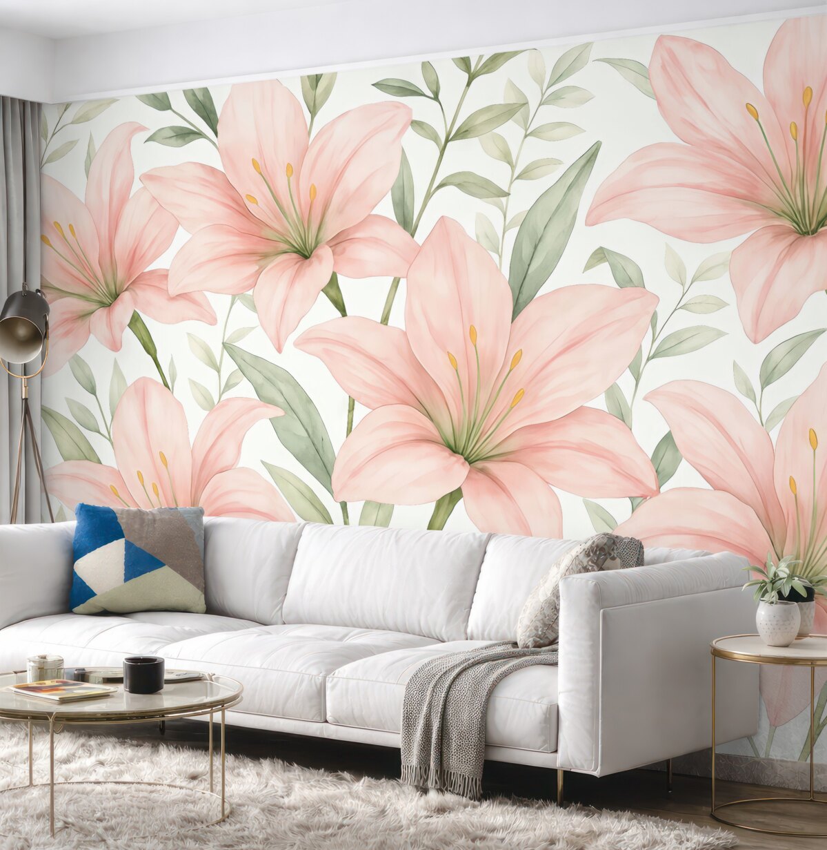 Fototapeta Wielkie jasnoróżowe lilie oraz liście w akwarelowym stylu na białym tle.