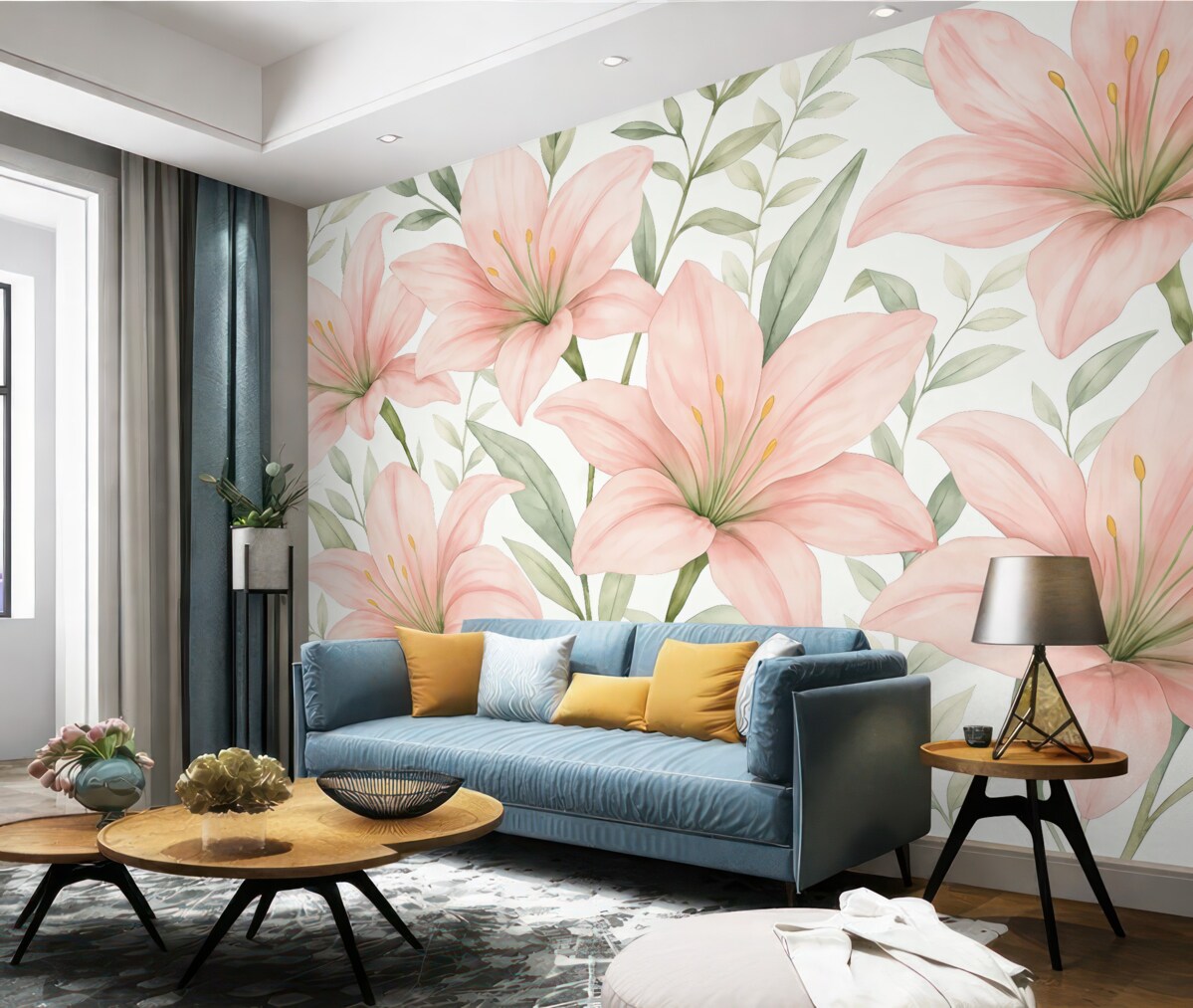 Fototapeta Wielkie jasnoróżowe lilie oraz liście w akwarelowym stylu na białym tle.