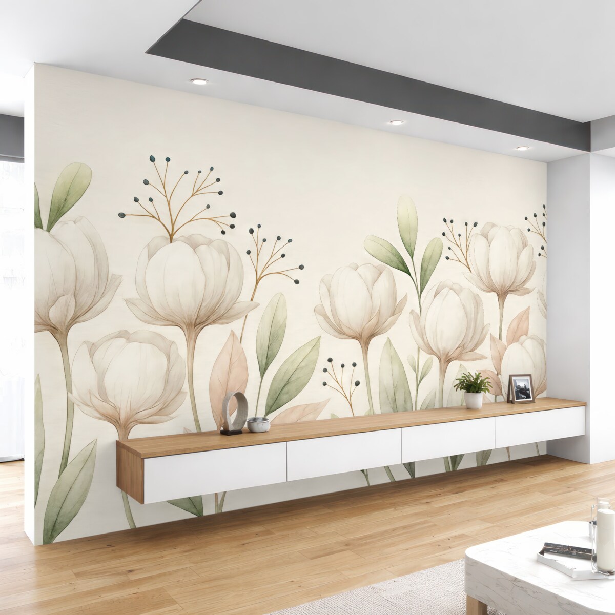 Fototapeta Subtelne bawełniane rośliny i liście w technice akwareli na jasnym tle.