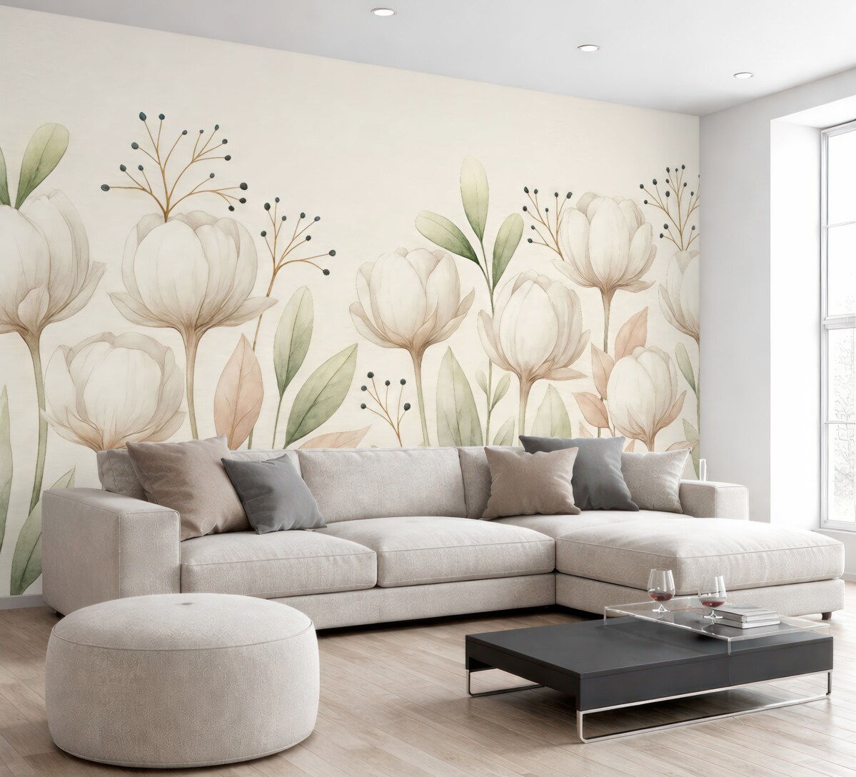 Fototapeta Subtelne bawełniane rośliny i liście w technice akwareli na jasnym tle.