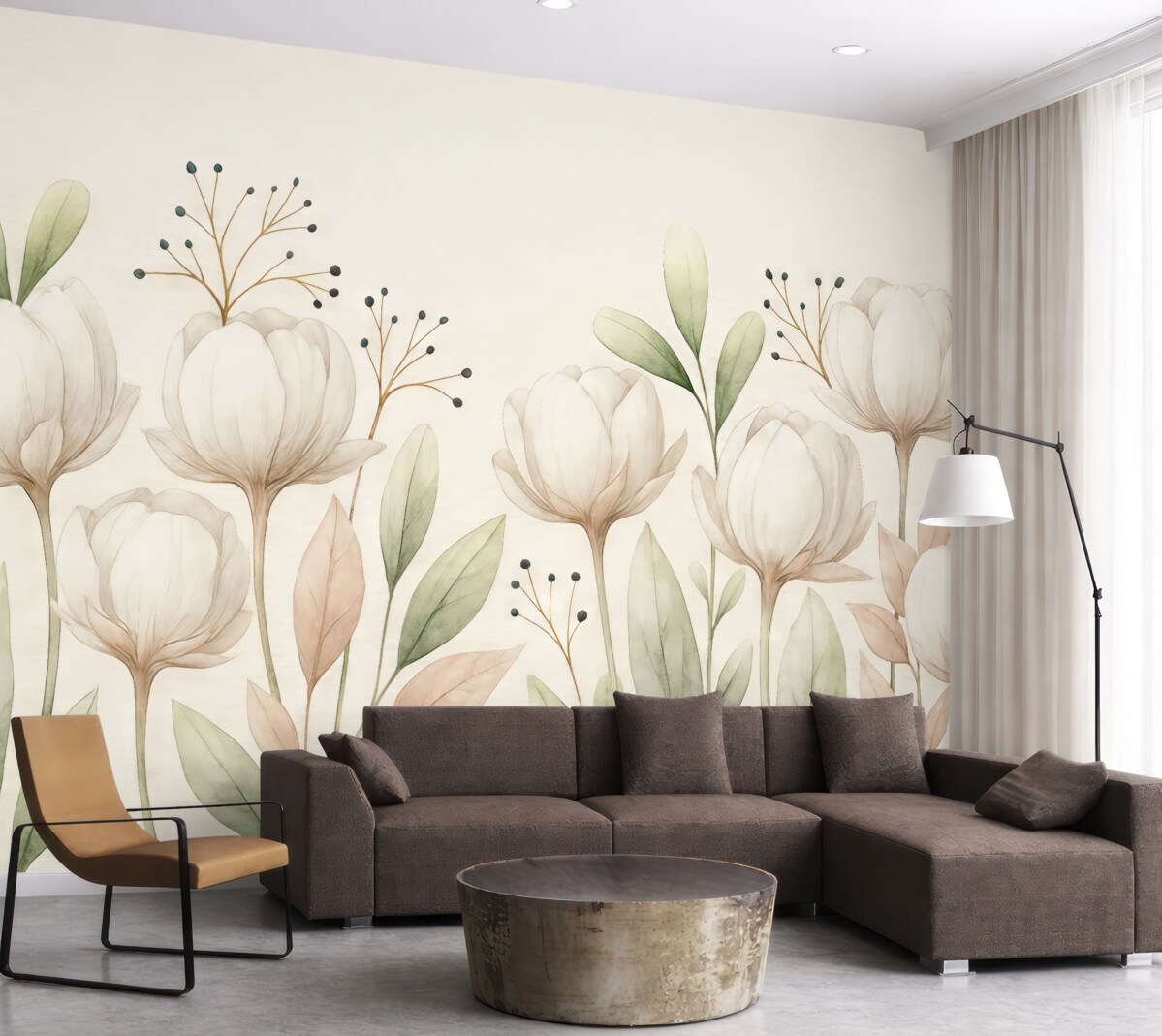 Fototapeta Subtelne bawełniane rośliny i liście w technice akwareli na jasnym tle.