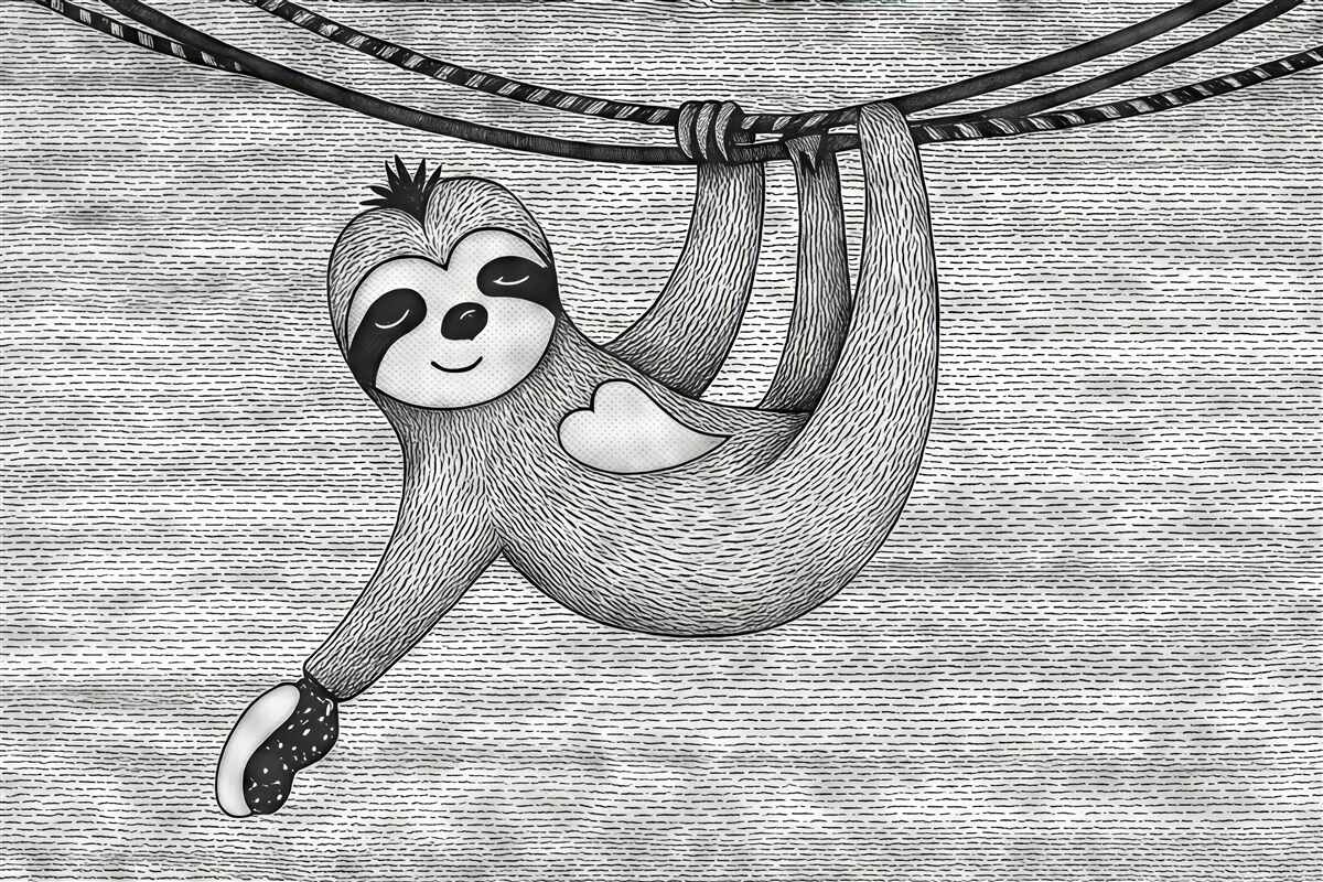 Fototapeta Uroczy i komiczny leniwiec w minimalistycznym czarno-białym wydaniu, zawieszony na lianie.