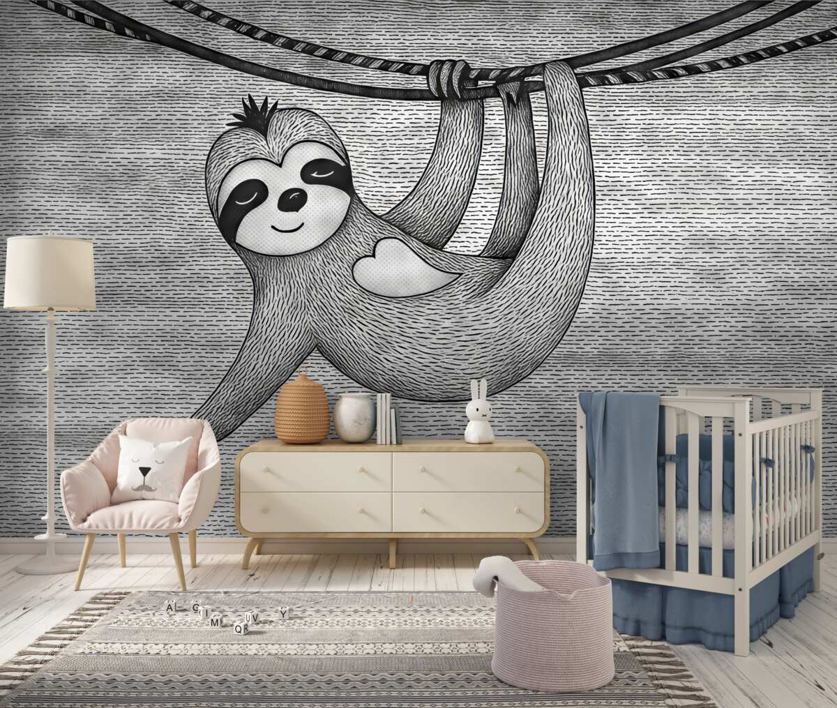 Fototapeta Uroczy i komiczny leniwiec w minimalistycznym czarno-białym wydaniu, zawieszony na lianie.