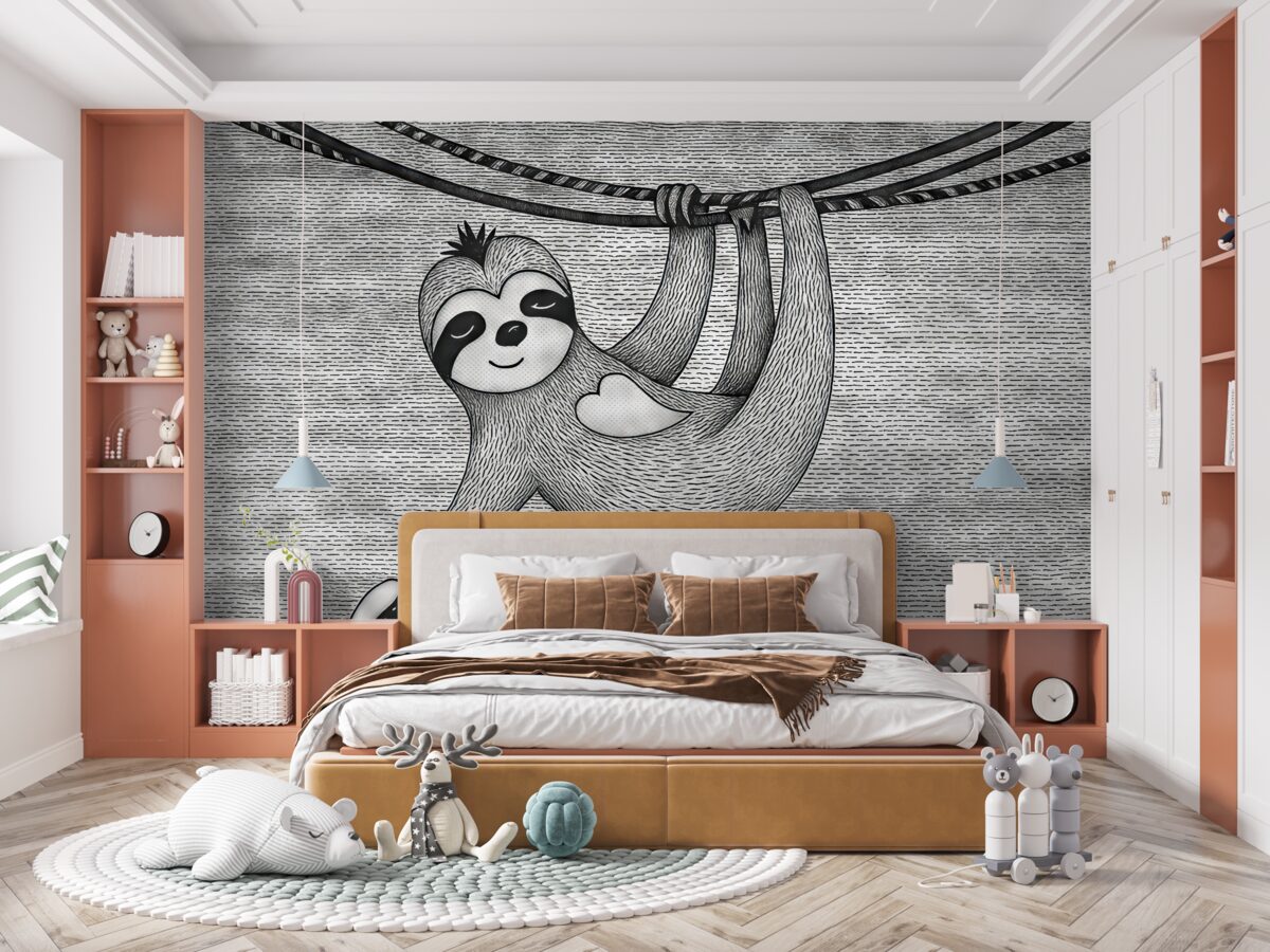 Fototapeta Uroczy i komiczny leniwiec w minimalistycznym czarno-białym wydaniu, zawieszony na lianie.