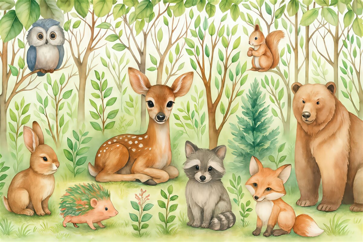 Fototapeta Tapeta dziecięca z leśnymi zwierzętami. Radosna tapeta na jasnym tle.