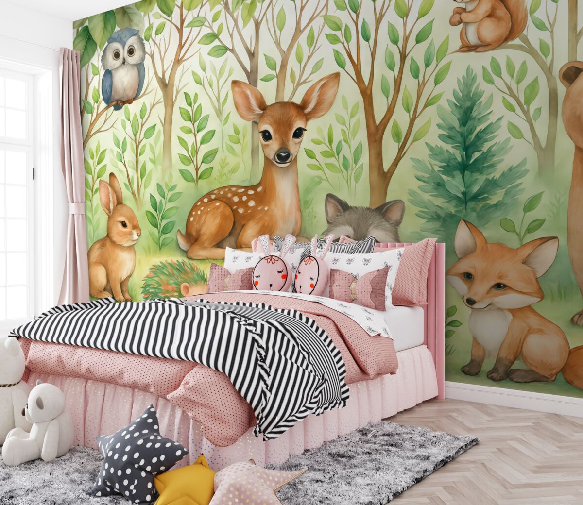 Fototapeta Tapeta dziecięca z leśnymi zwierzętami. Radosna tapeta na jasnym tle.