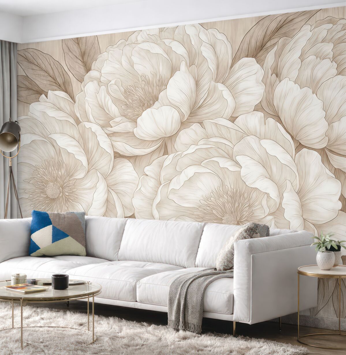 Fototapeta Teksturowane duże kwiaty peonii w odcieniach kremu.