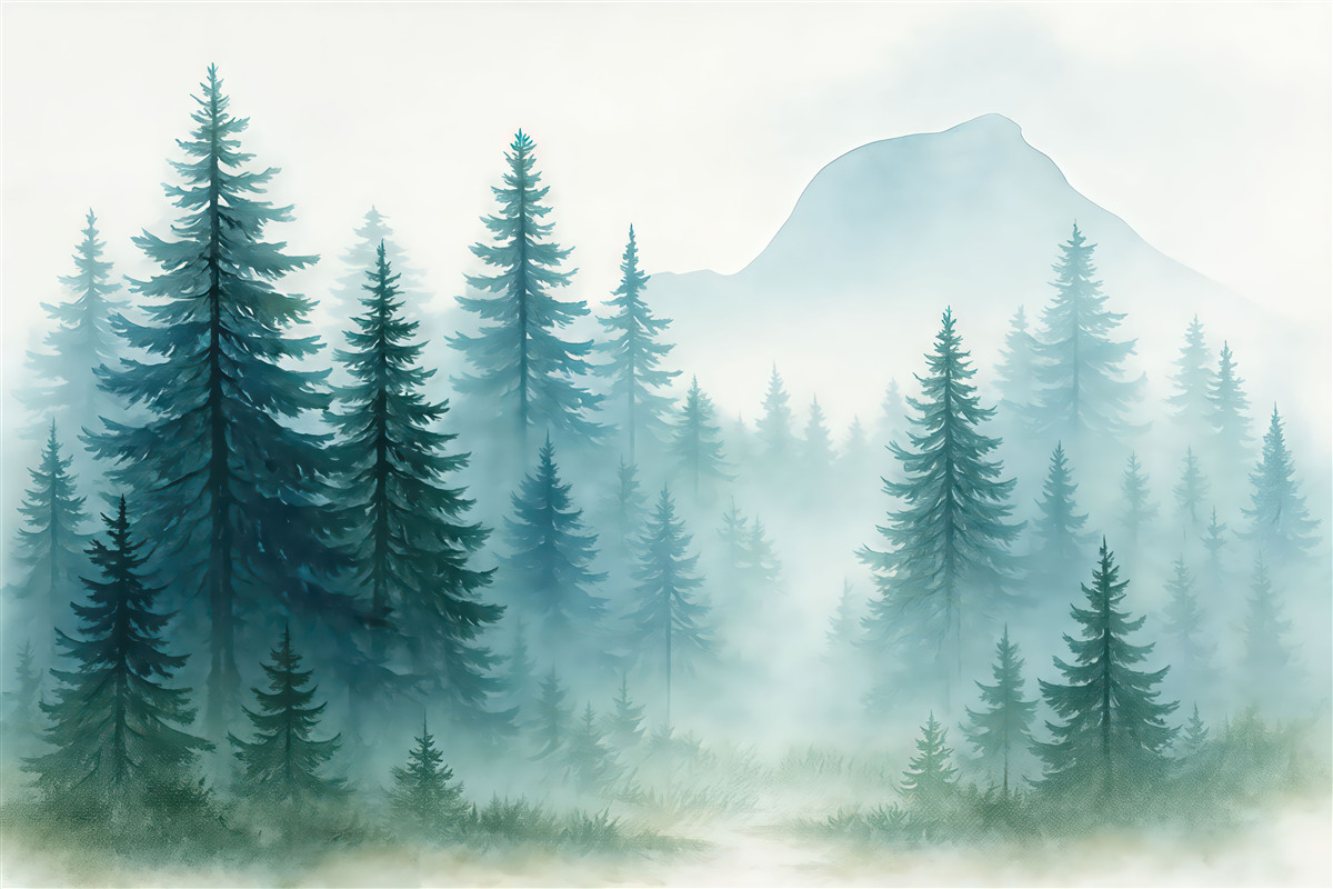 Fototapeta Subtelny pejzaż w niebieskiej tonacji z jodłami w technice akwarelowej na jasnym tle.