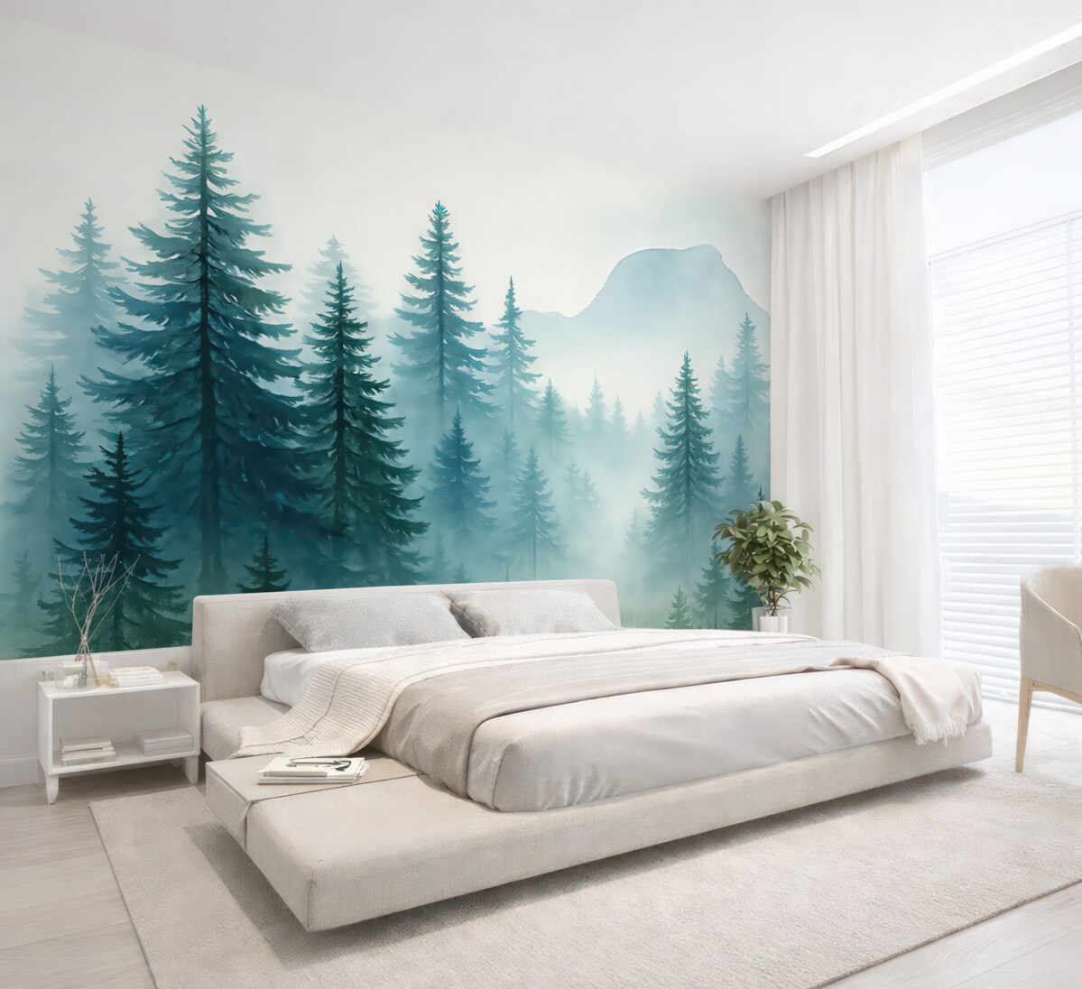 Fototapeta Subtelny pejzaż w niebieskiej tonacji z jodłami w technice akwarelowej na jasnym tle.