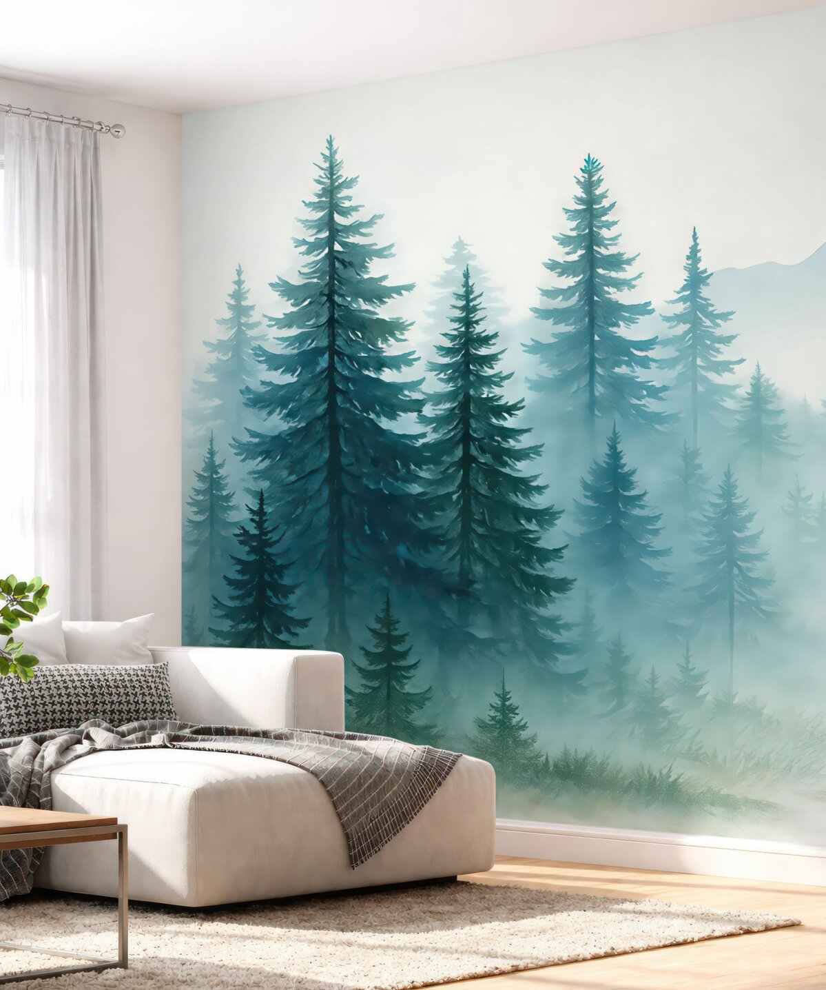 Fototapeta Subtelny pejzaż w niebieskiej tonacji z jodłami w technice akwarelowej na jasnym tle.