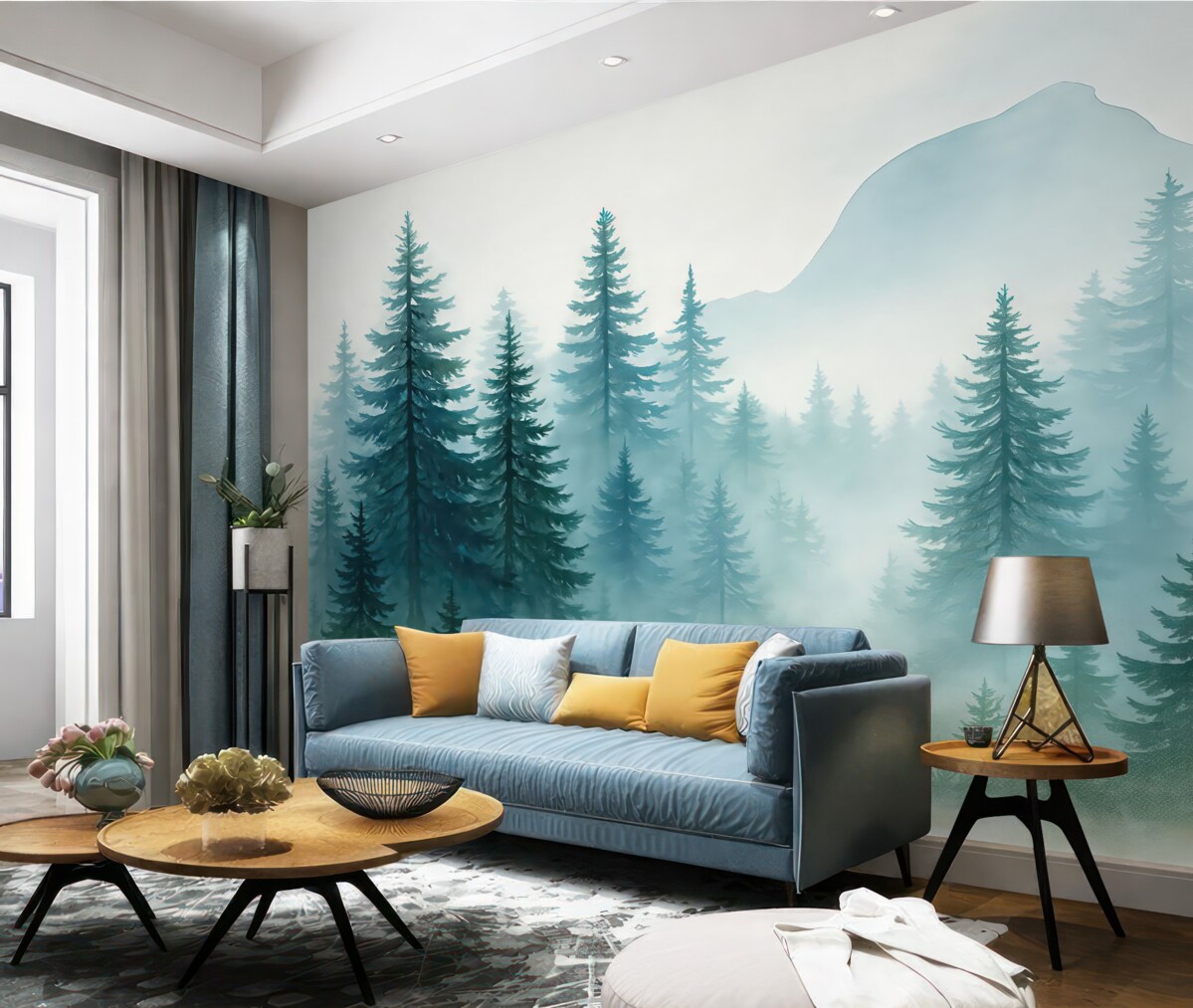 Fototapeta Subtelny pejzaż w niebieskiej tonacji z jodłami w technice akwarelowej na jasnym tle.