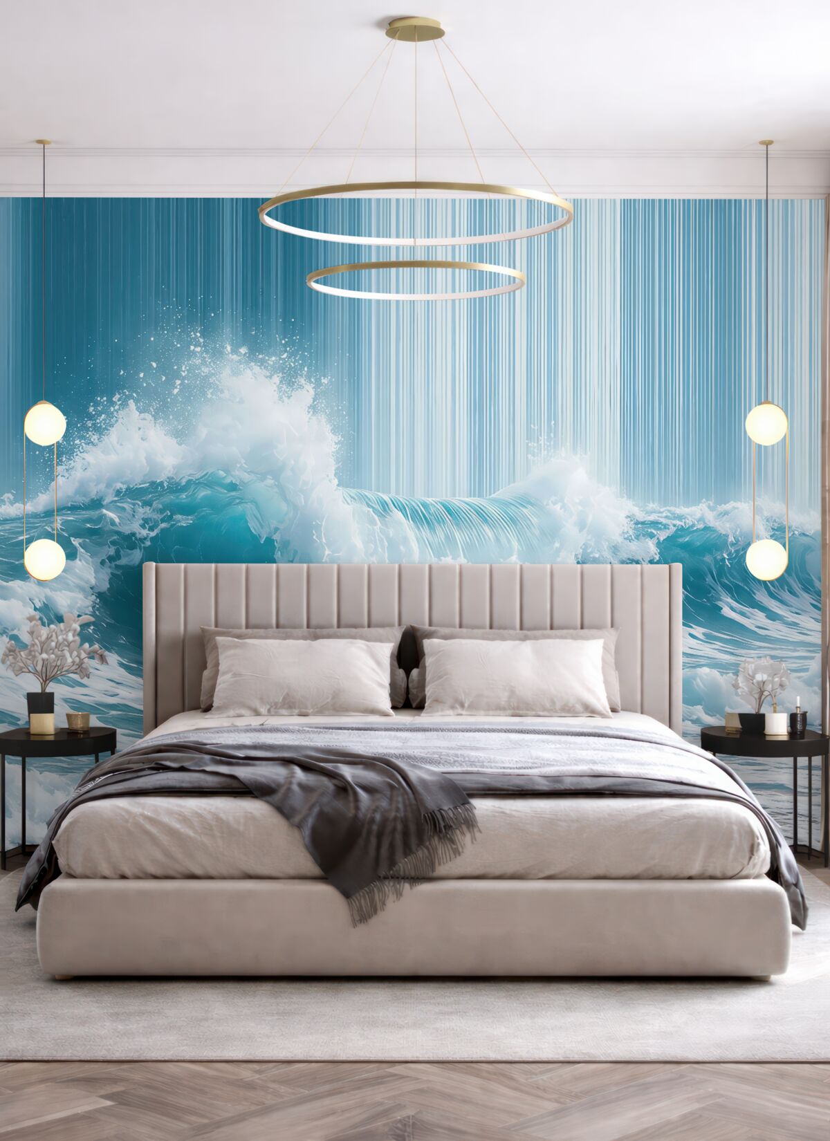 Fototapeta Tapeta w niebieskich tonacjach z dużą morską falą na tle w pasy.