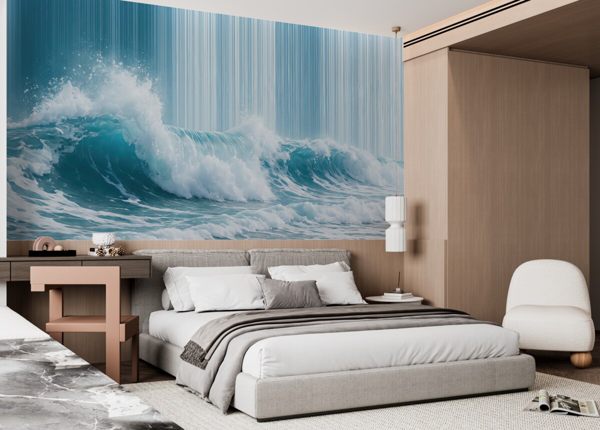 Fototapeta Tapeta w niebieskich tonacjach z dużą morską falą na tle w pasy.