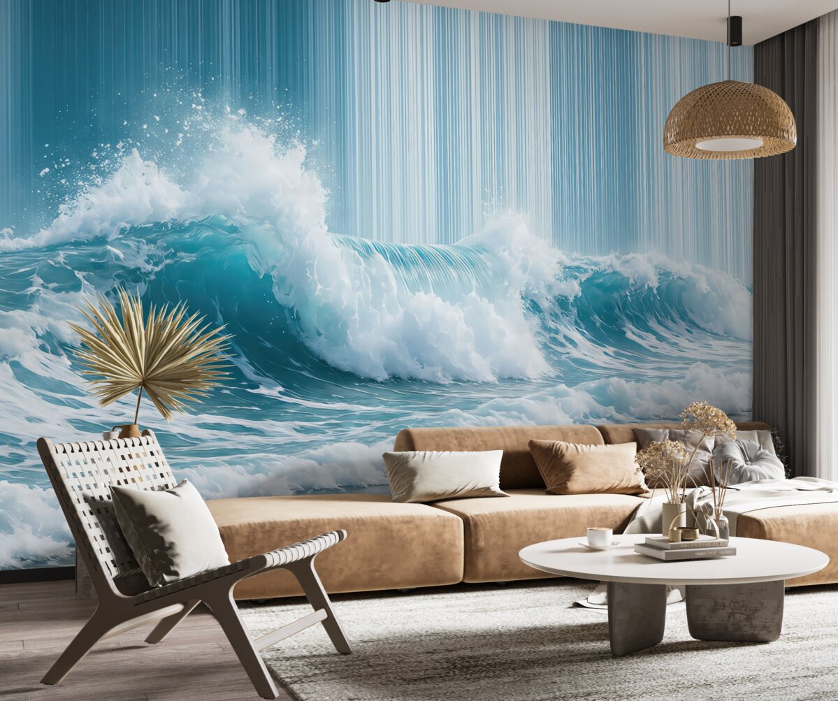 Fototapeta Tapeta w niebieskich tonacjach z dużą morską falą na tle w pasy.