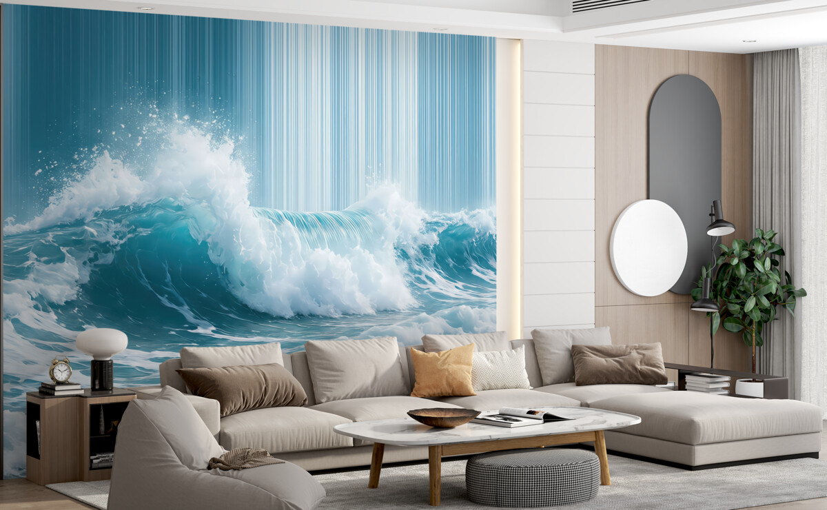 Fototapeta Tapeta w niebieskich tonacjach z dużą morską falą na tle w pasy.