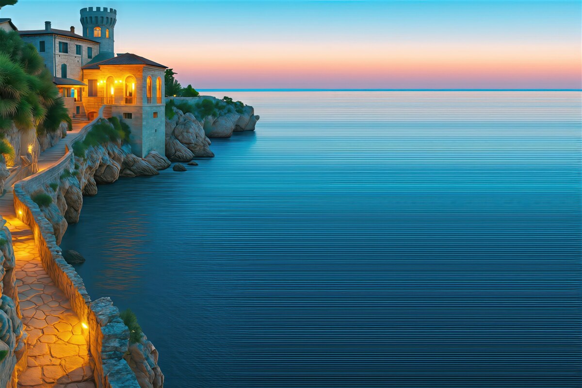 Fototapeta Tapeta w morskim stylu z twierdzą i skalistym wybrzeżem na wielobarwnym tle w paski.