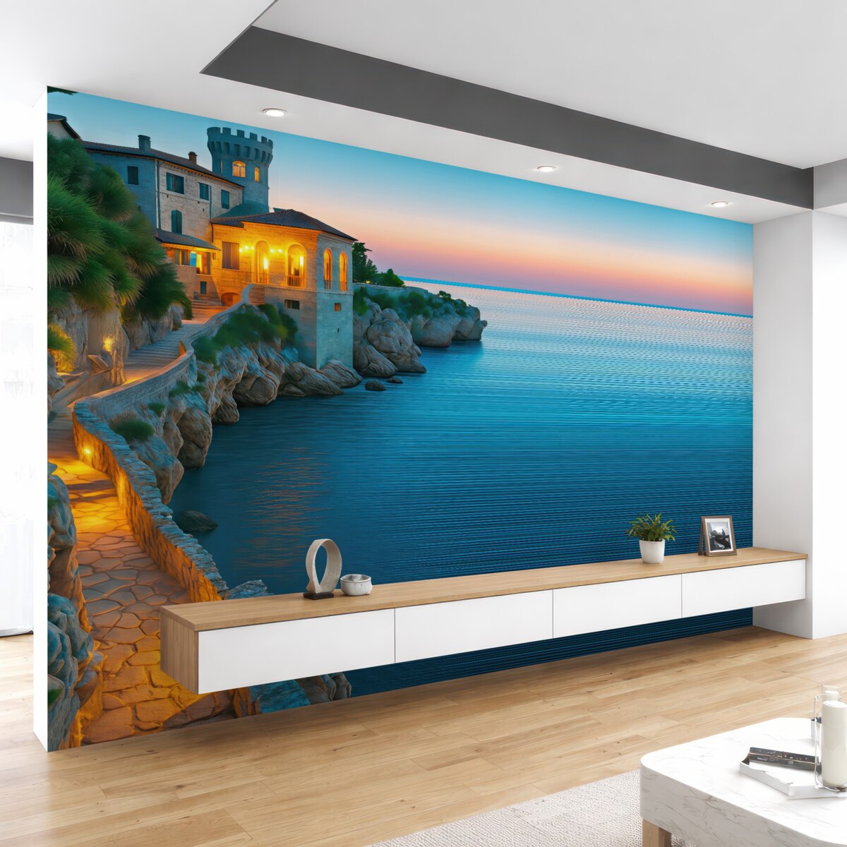 Fototapeta Tapeta w morskim stylu z twierdzą i skalistym wybrzeżem na wielobarwnym tle w paski.