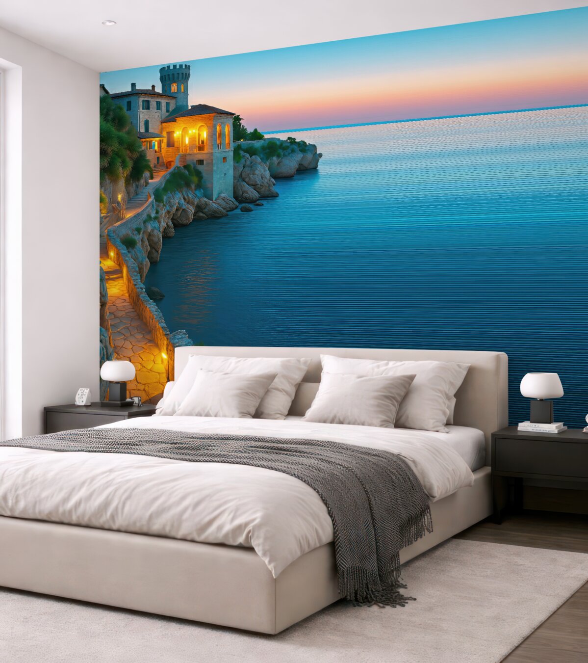 Fototapeta Tapeta w morskim stylu z twierdzą i skalistym wybrzeżem na wielobarwnym tle w paski.