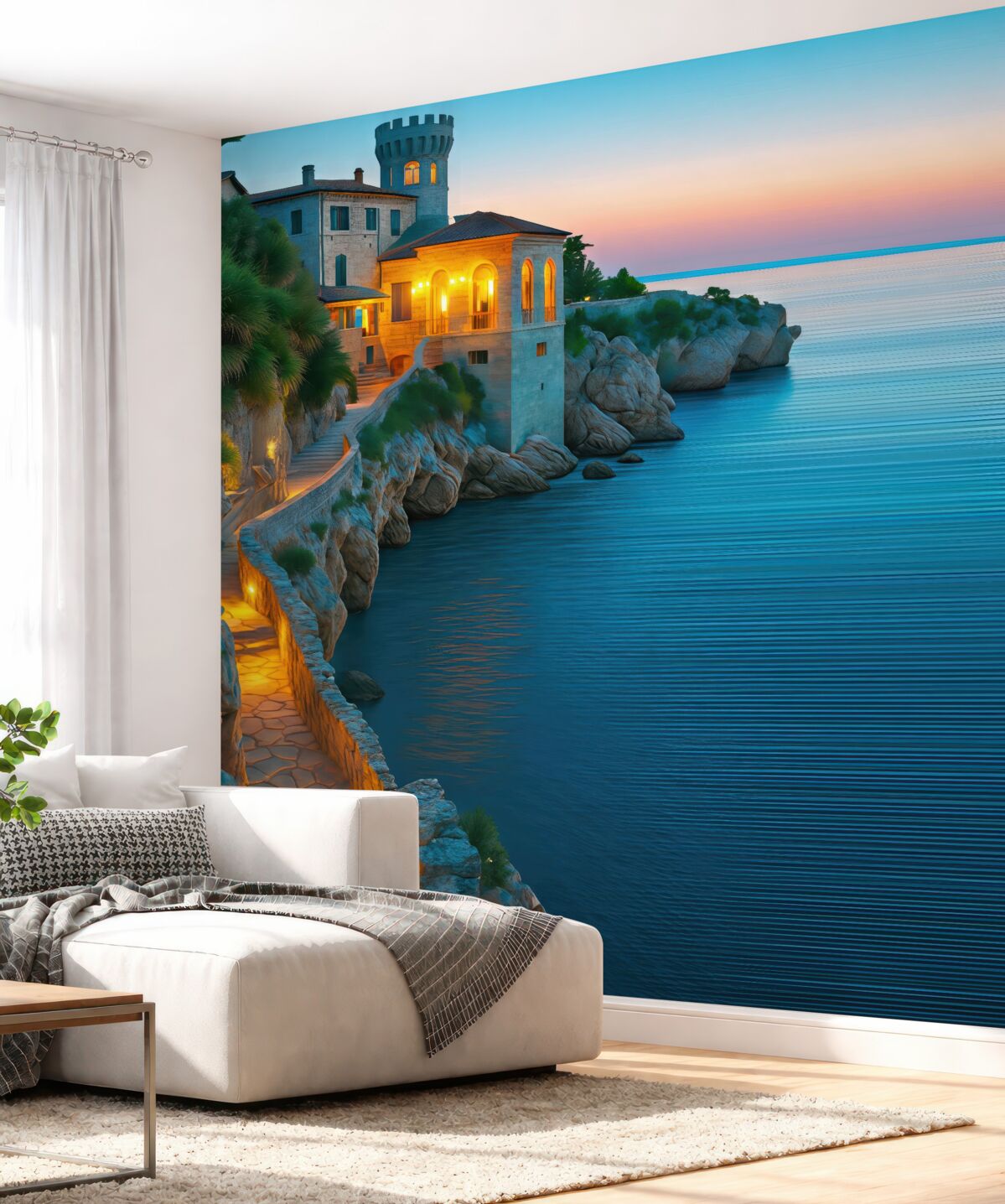 Fototapeta Tapeta w morskim stylu z twierdzą i skalistym wybrzeżem na wielobarwnym tle w paski.