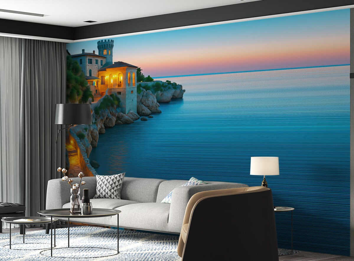 Fototapeta Tapeta w morskim stylu z twierdzą i skalistym wybrzeżem na wielobarwnym tle w paski.