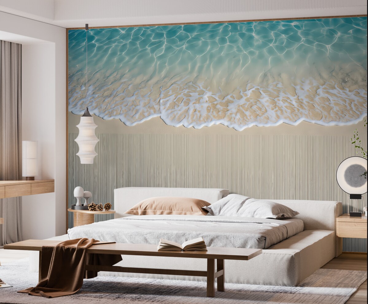 Fototapeta Tapeta w tonacjach beżu i błękitu z morskimi falami i pianą na tle w prążki.