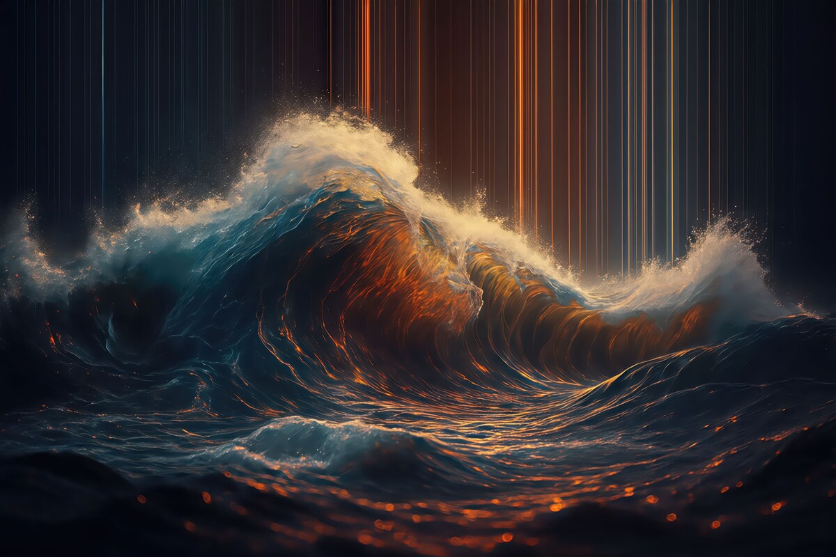 Fototapeta Ogromna, mroczna, szalejąca fala oceaniczna w ciemnych tonach z jasnymi podkreśleniami na paskowanym tle.