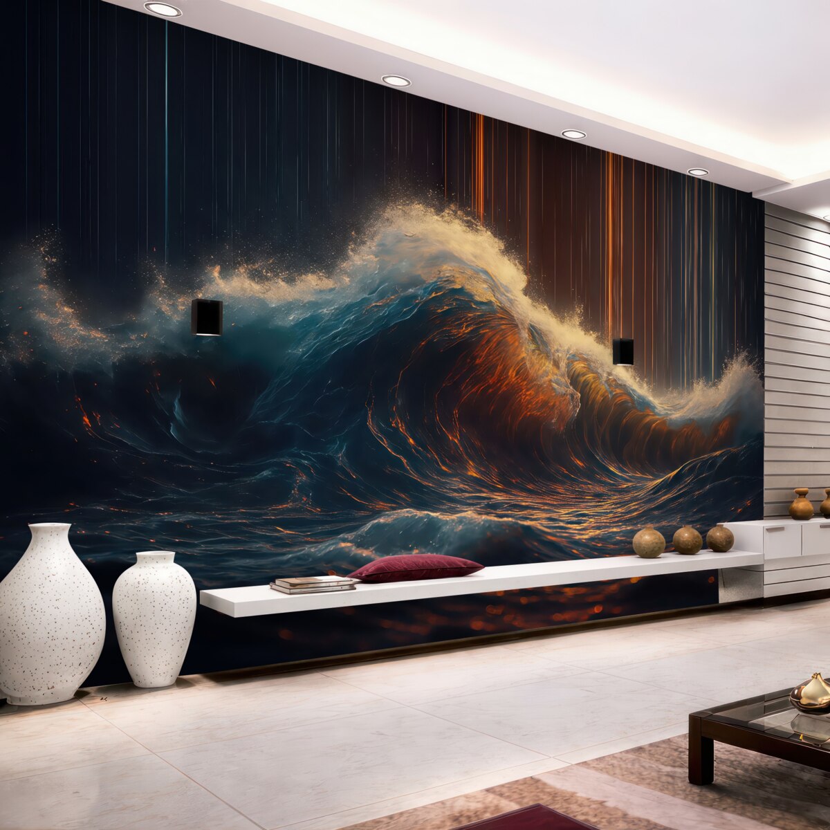 Fototapeta Ogromna, mroczna, szalejąca fala oceaniczna w ciemnych tonach z jasnymi podkreśleniami na paskowanym tle.