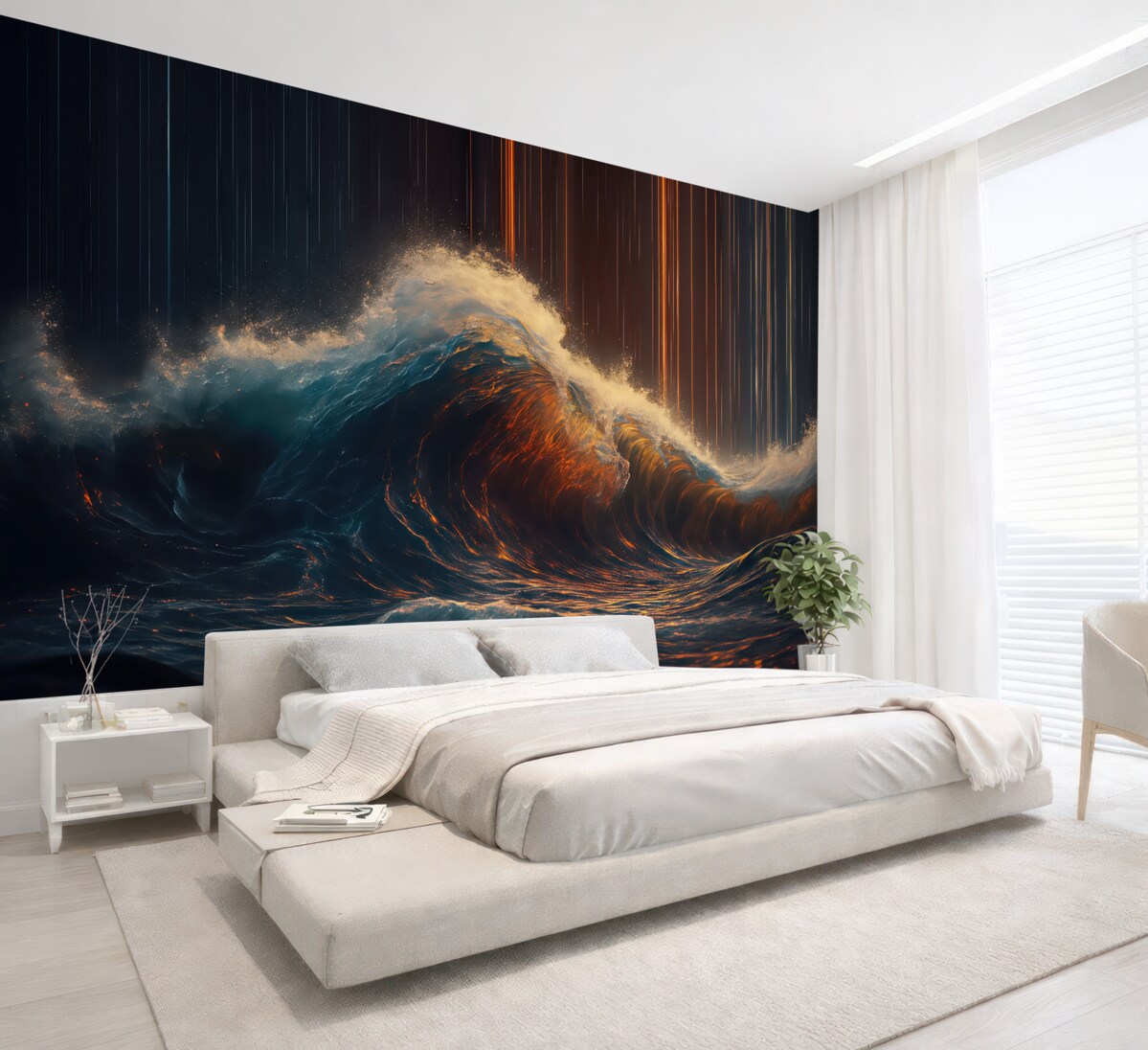 Fototapeta Ogromna, mroczna, szalejąca fala oceaniczna w ciemnych tonach z jasnymi podkreśleniami na paskowanym tle.