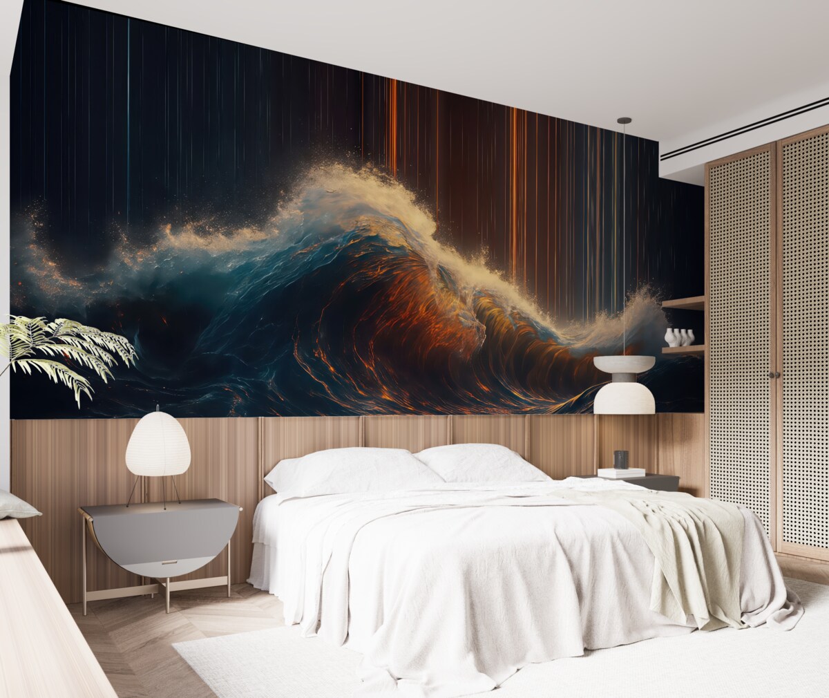 Fototapeta Ogromna, mroczna, szalejąca fala oceaniczna w ciemnych tonach z jasnymi podkreśleniami na paskowanym tle.