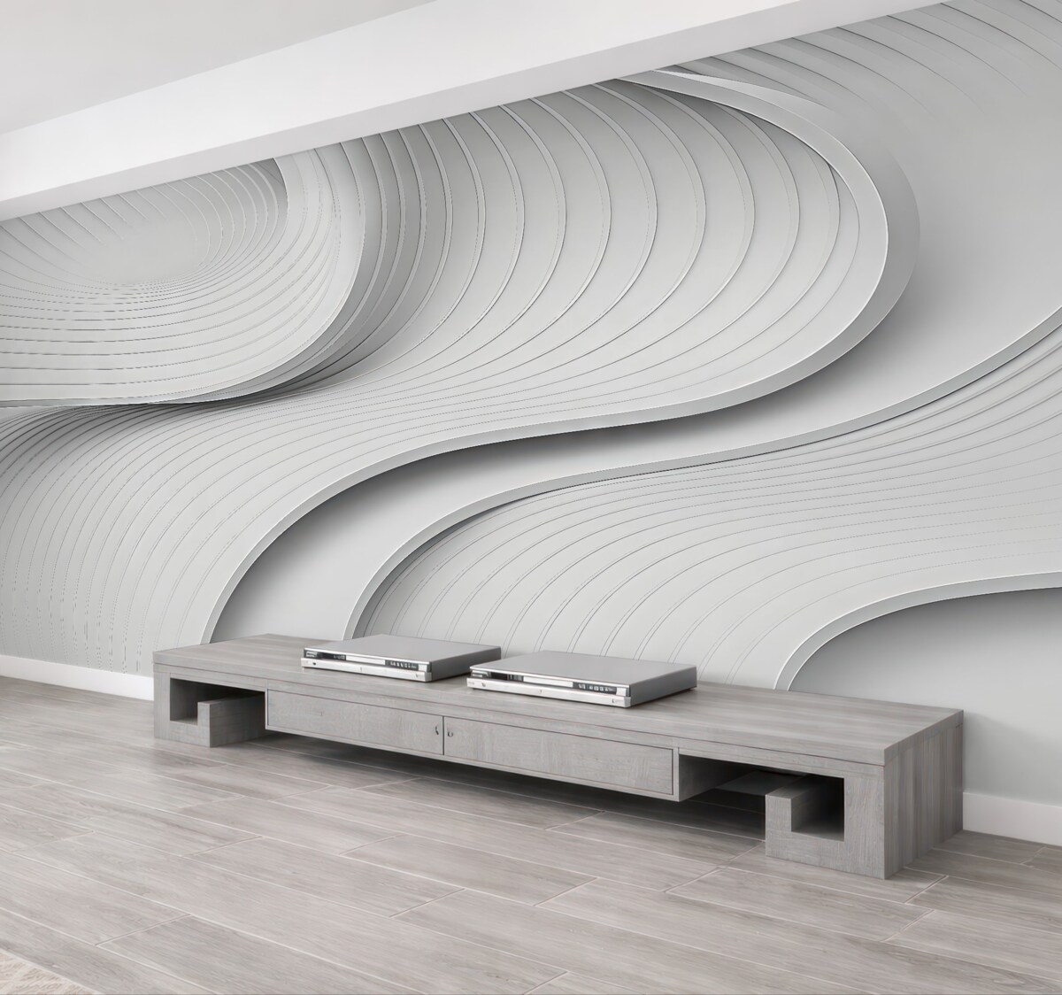 Fototapeta Stylowe, szerokie fale w formacie 3D w tonacjach szarości.