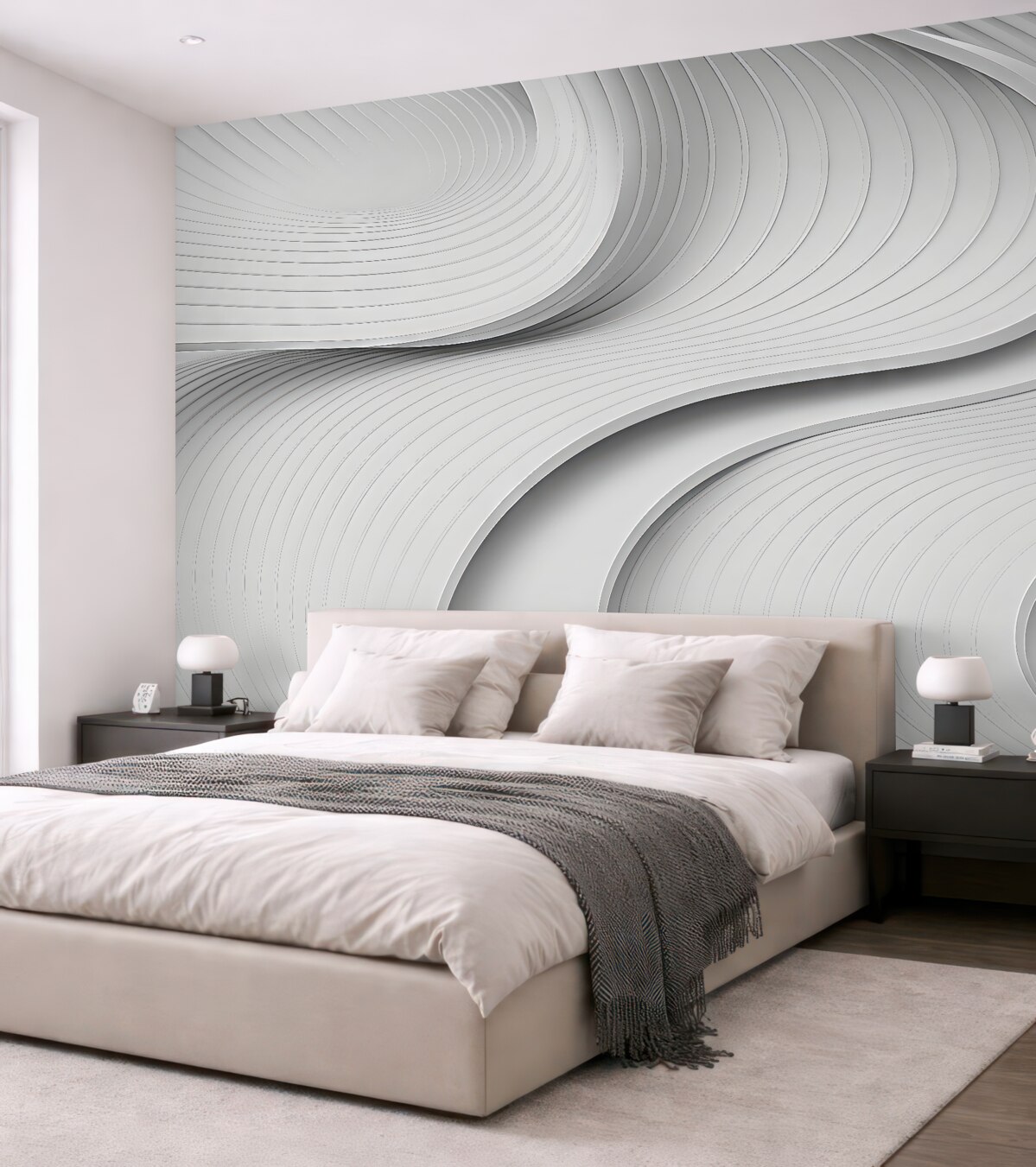 Fototapeta Stylowe, szerokie fale w formacie 3D w tonacjach szarości.
