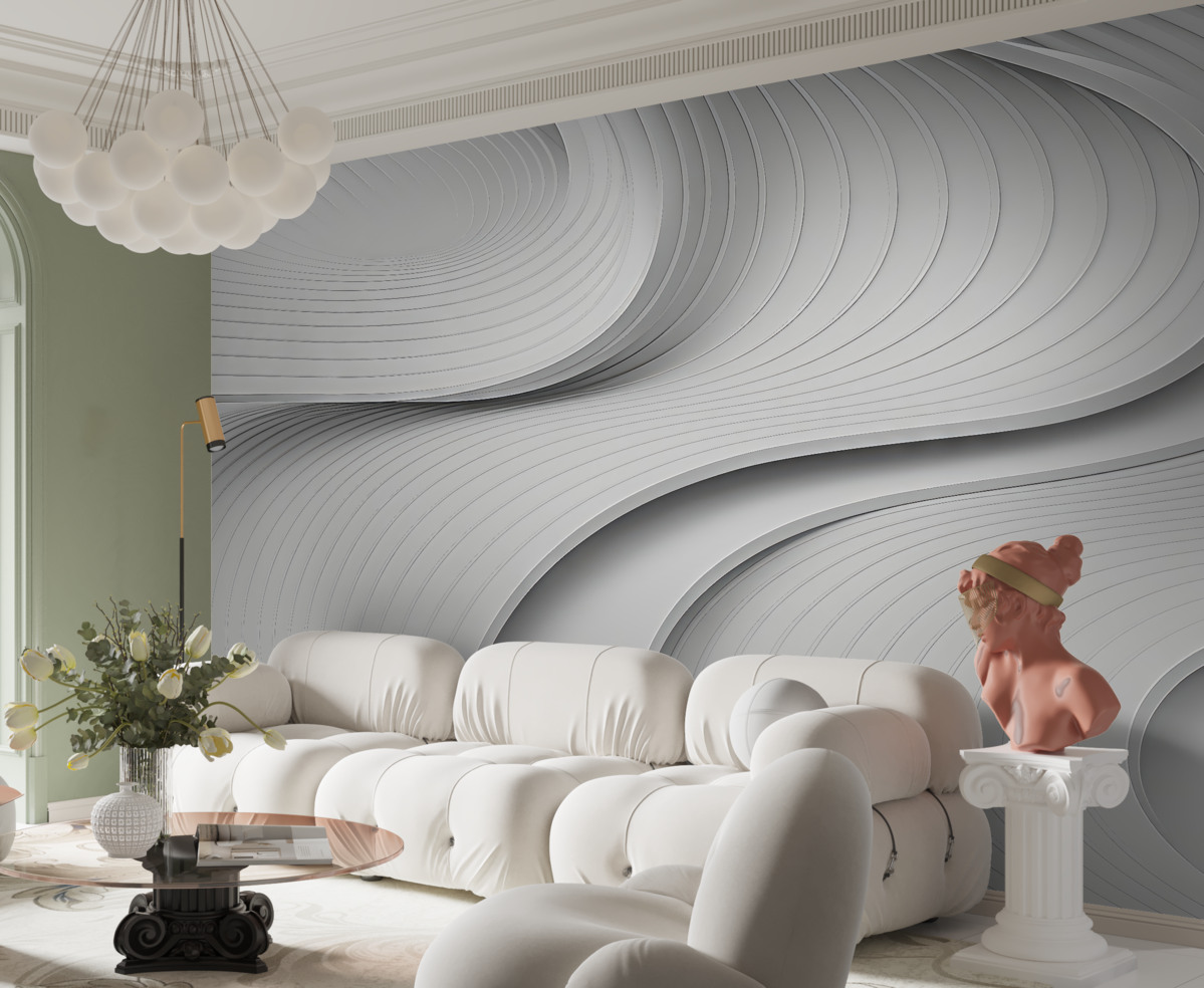 Fototapeta Stylowe, szerokie fale w formacie 3D w tonacjach szarości.