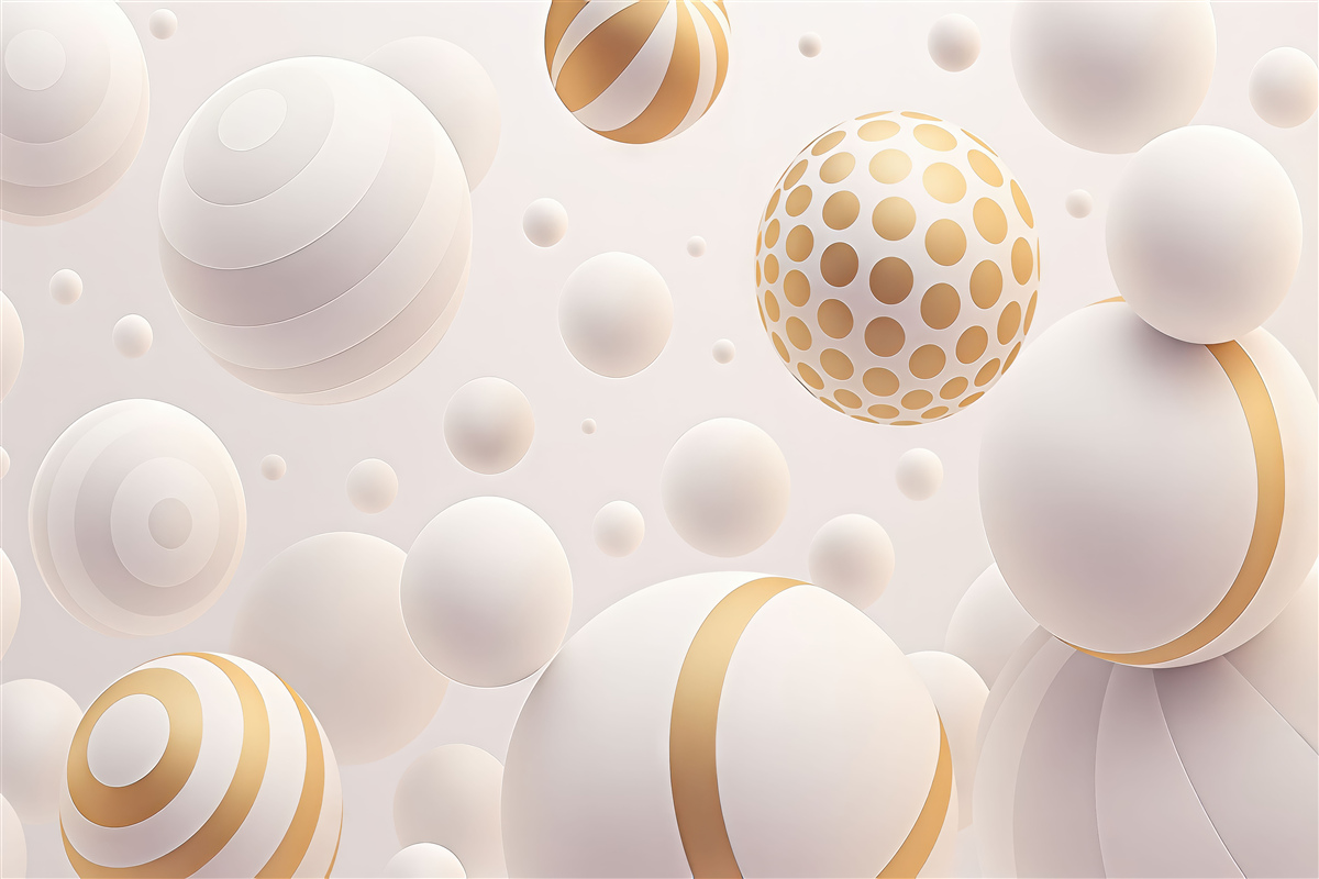 Fototapeta Wolumetryczne latające sfery w stylu 3D w jasnoszarych tonach z pomarańczowymi detalami.