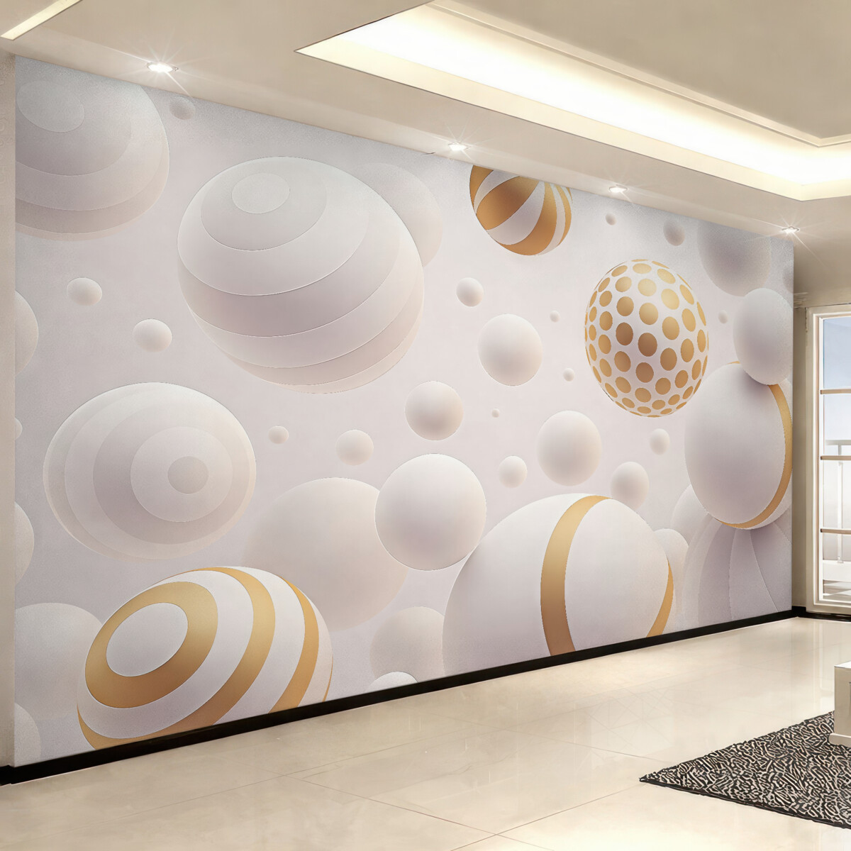 Fototapeta Wolumetryczne latające sfery w stylu 3D w jasnoszarych tonach z pomarańczowymi detalami.