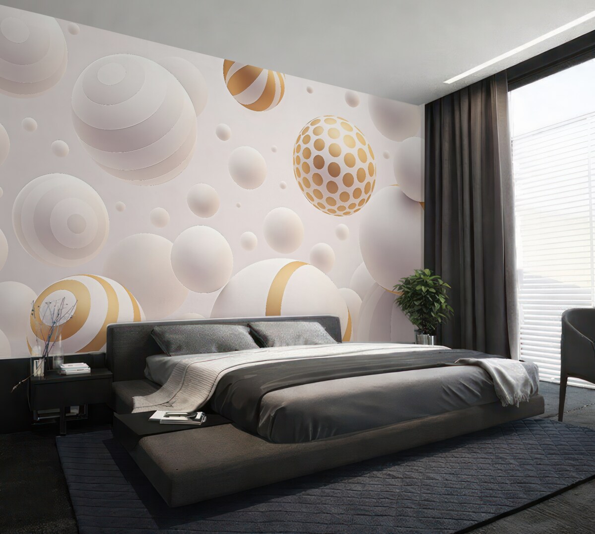 Fototapeta Wolumetryczne latające sfery w stylu 3D w jasnoszarych tonach z pomarańczowymi detalami.