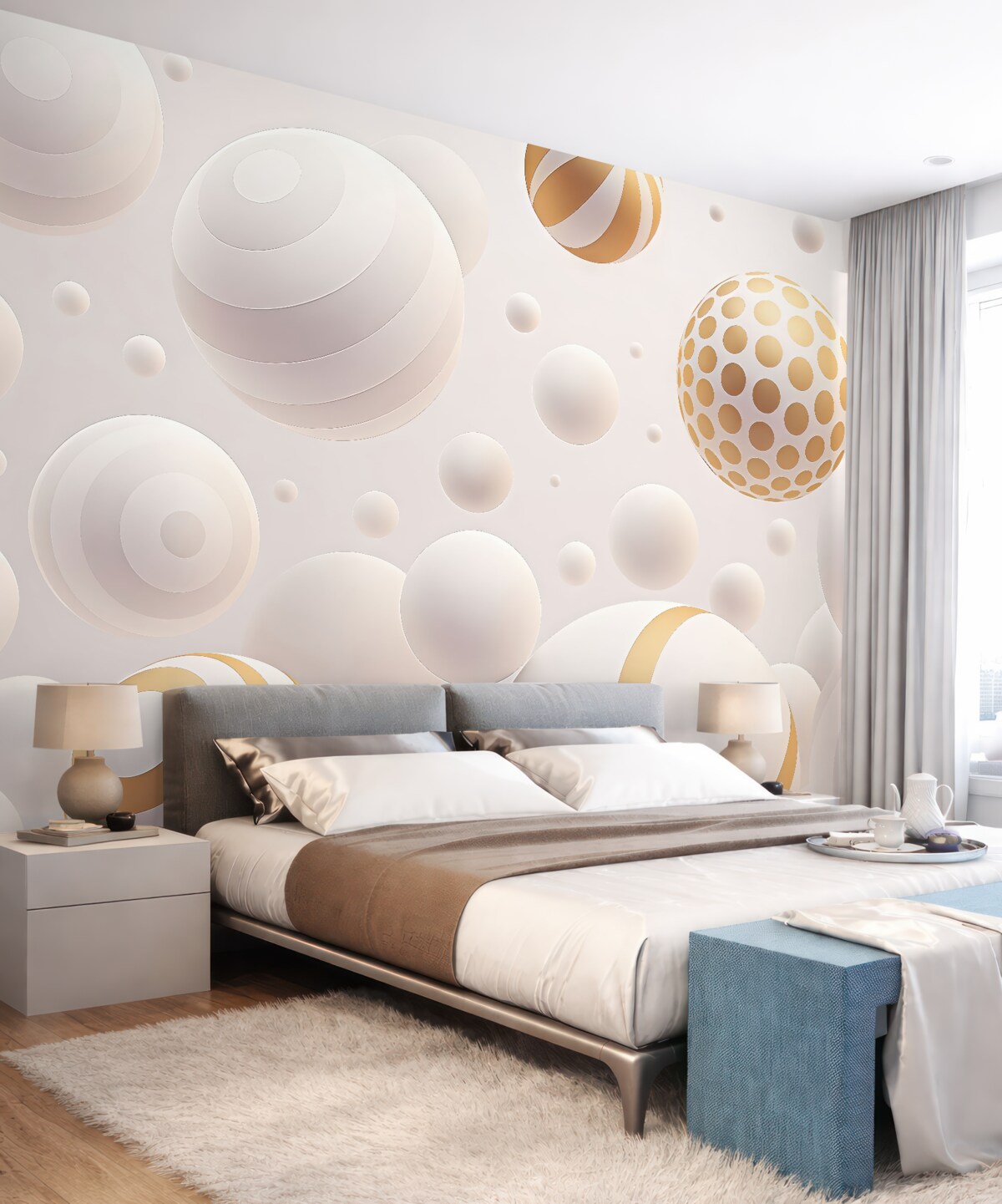 Fototapeta Wolumetryczne latające sfery w stylu 3D w jasnoszarych tonach z pomarańczowymi detalami.