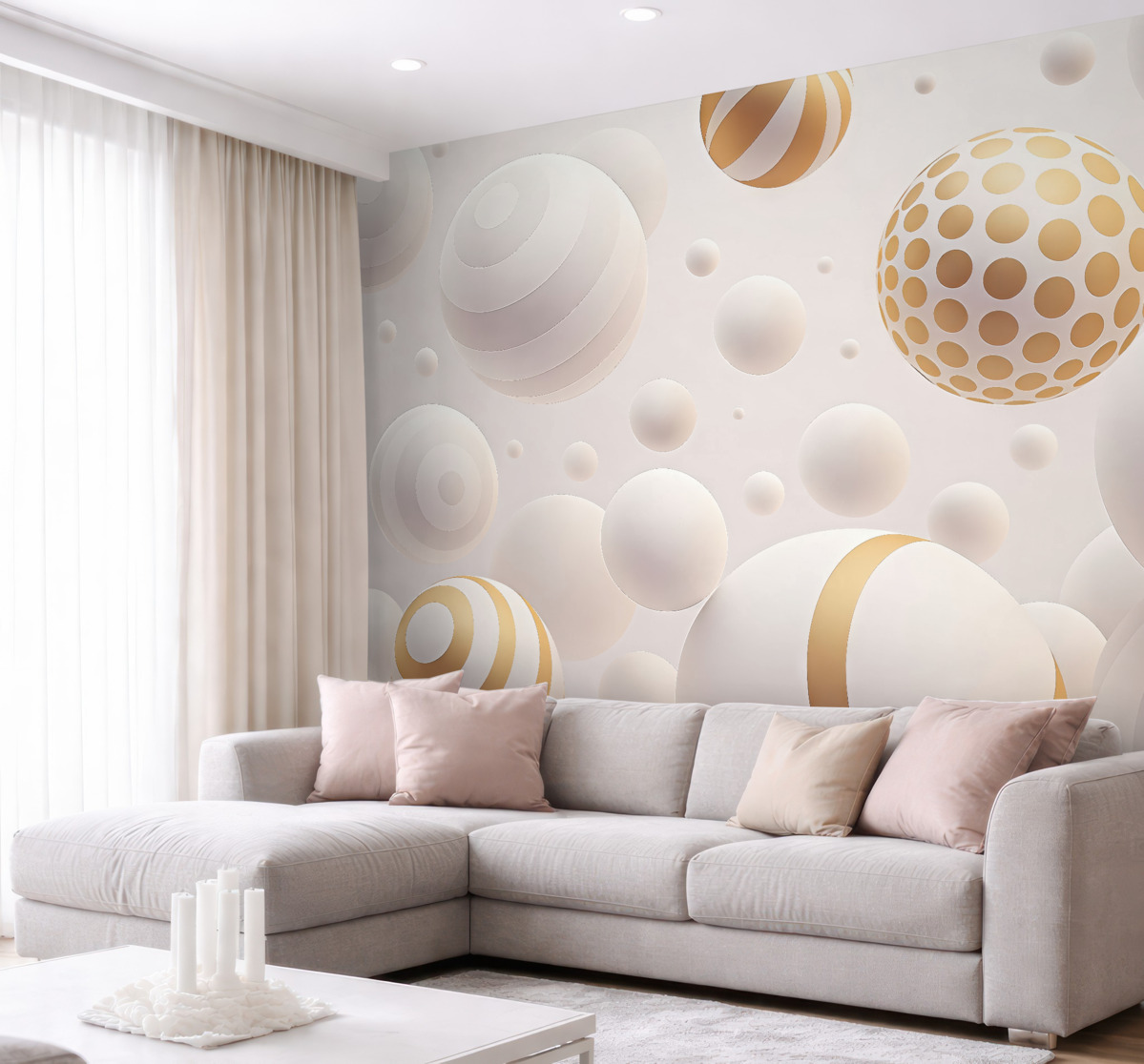 Fototapeta Wolumetryczne latające sfery w stylu 3D w jasnoszarych tonach z pomarańczowymi detalami.