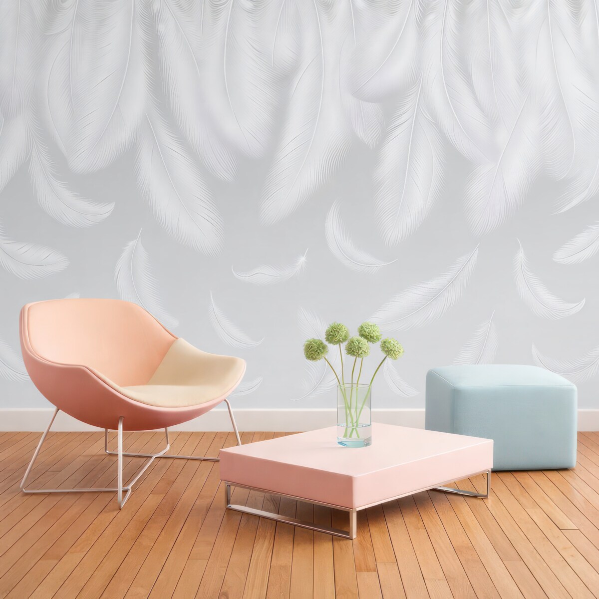 Fototapeta Subtelne białe pióra opadające z góry na przyjemnym szarym tle.