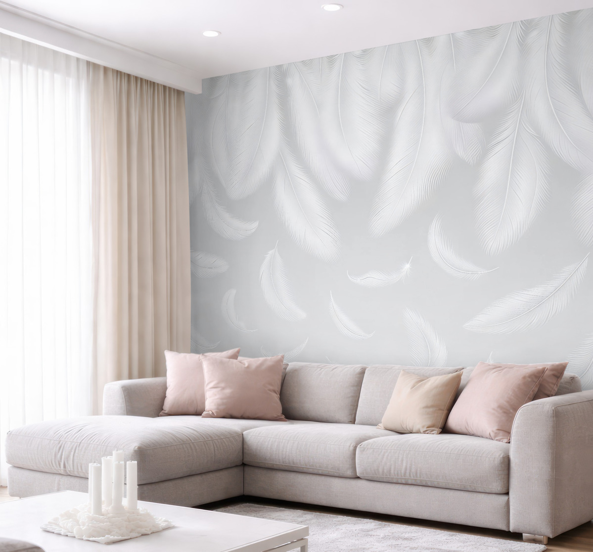 Fototapeta Subtelne białe pióra opadające z góry na przyjemnym szarym tle.