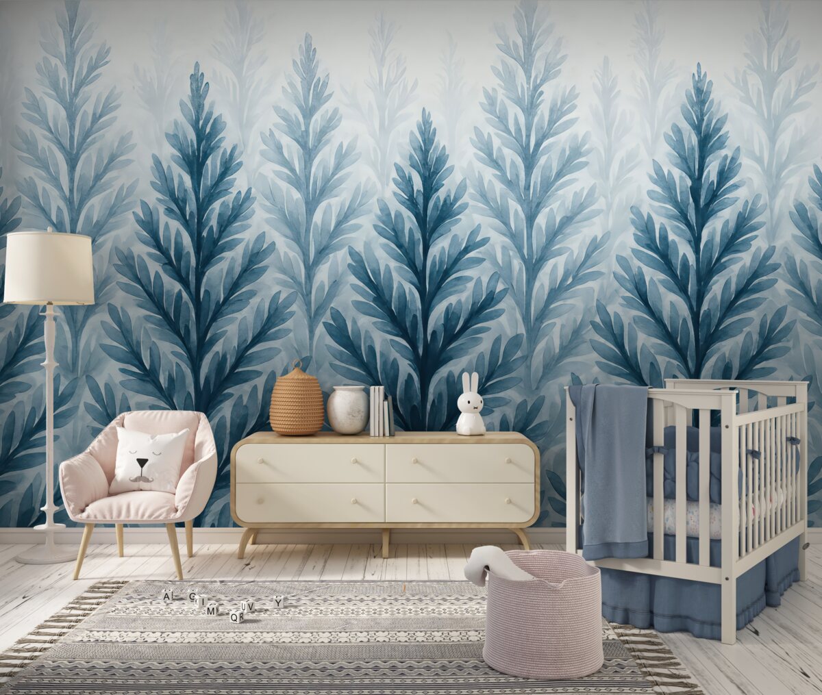 Fototapeta Niebieskie drzewka, akwarelowe choinki, gaj.