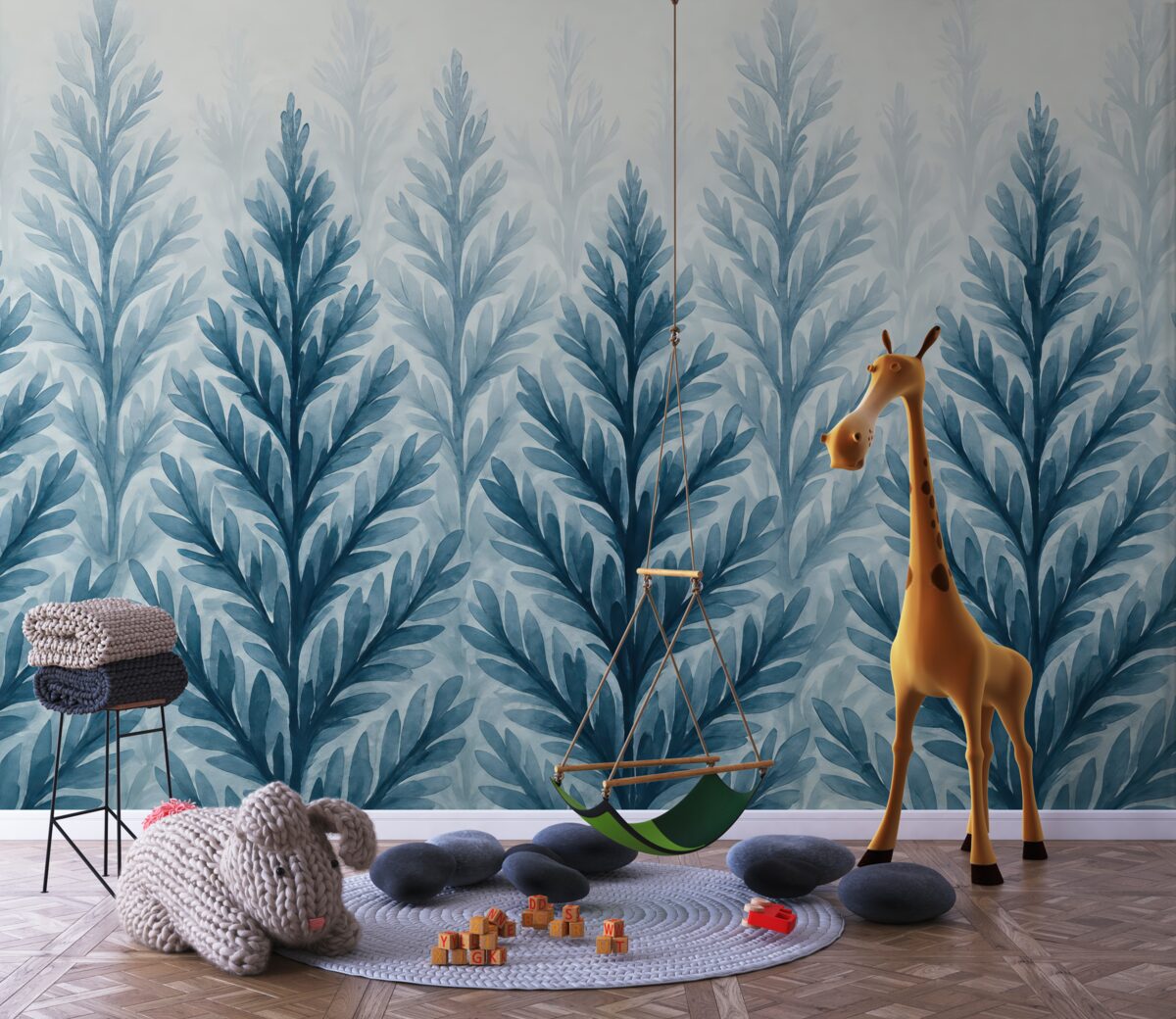 Fototapeta Niebieskie drzewka, akwarelowe choinki, gaj.