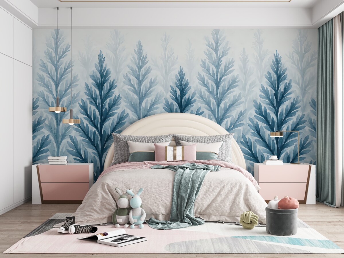 Fototapeta Niebieskie drzewka, akwarelowe choinki, gaj.