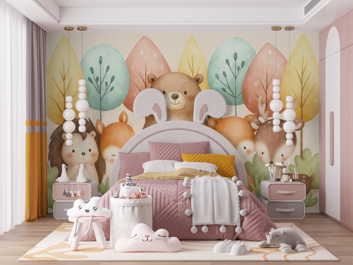 Fototapeta Fauna leśna i drzewa, niedźwiedź, wiewiórka, lis, jeż, łoś.