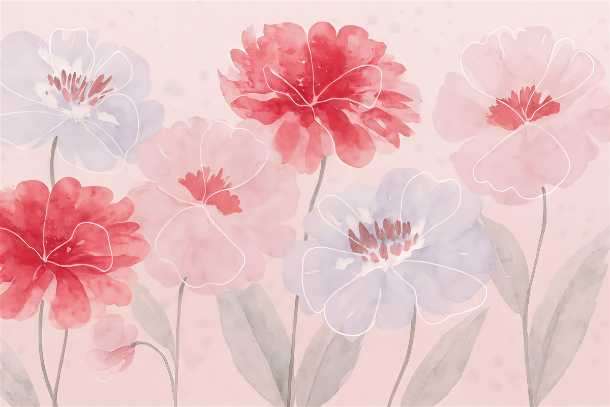 Fototapeta Różowe oraz fioletowe kwiaty w farbach wodnych.